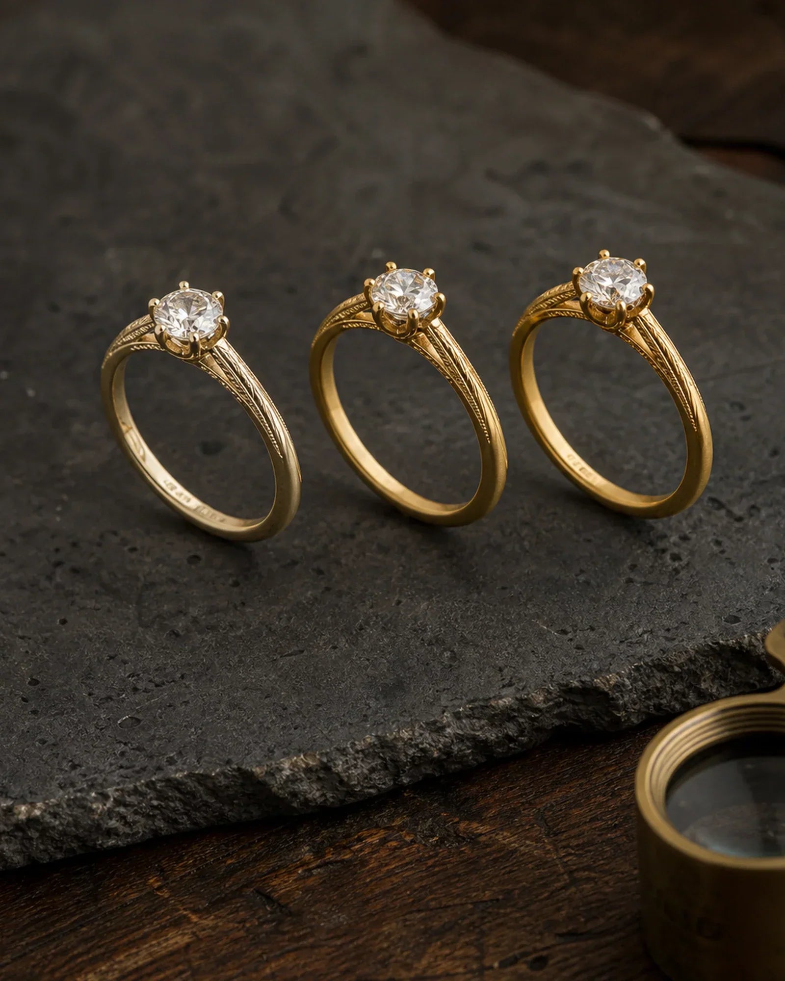 Three refined yellow gold engagement rings showing subtle 10K 14K and 18K color differences on a dark stone jeweler's bench