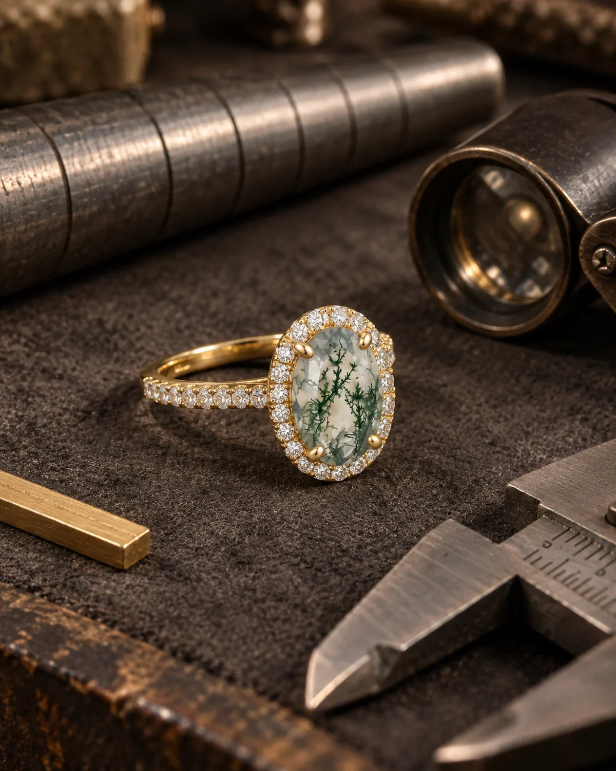 Oval moss agate halo engagement ring placed at an angle on a jeweler bench with a ring mandrel caliper and loupe