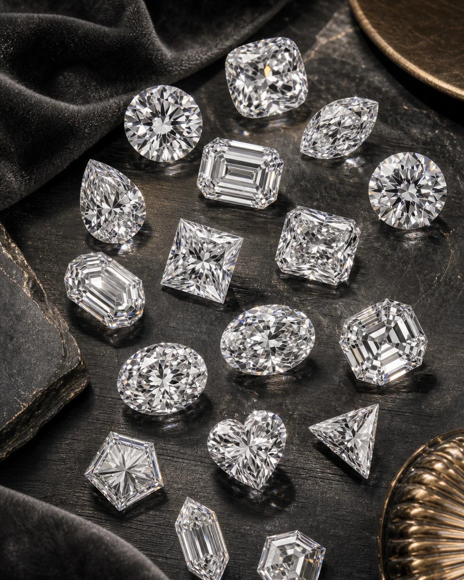 Real faceted gemstones in different cut types on a dark luxury jewelry surface