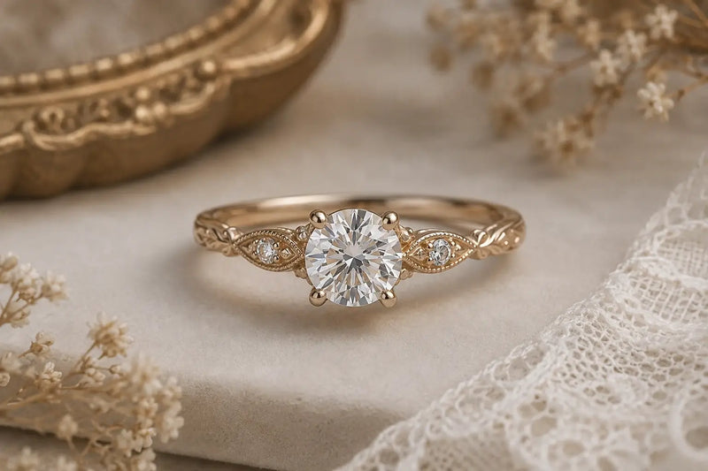 Victorian engagement ring with floral gemstone details and ornate vintage inspired gold setting