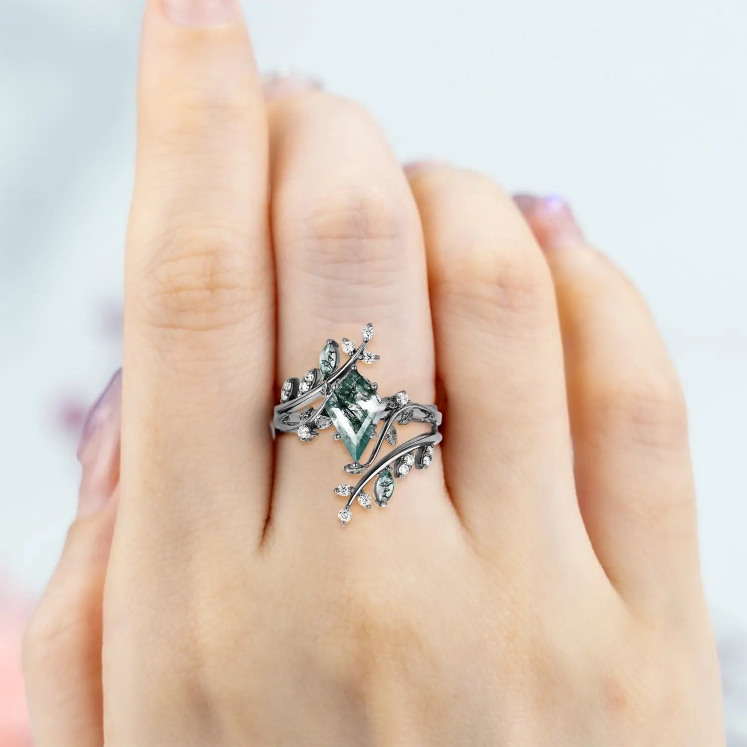 Forest Cage Moss Agate Leafy Ring Set – Unique Luxury Art Engagement Rings black gold