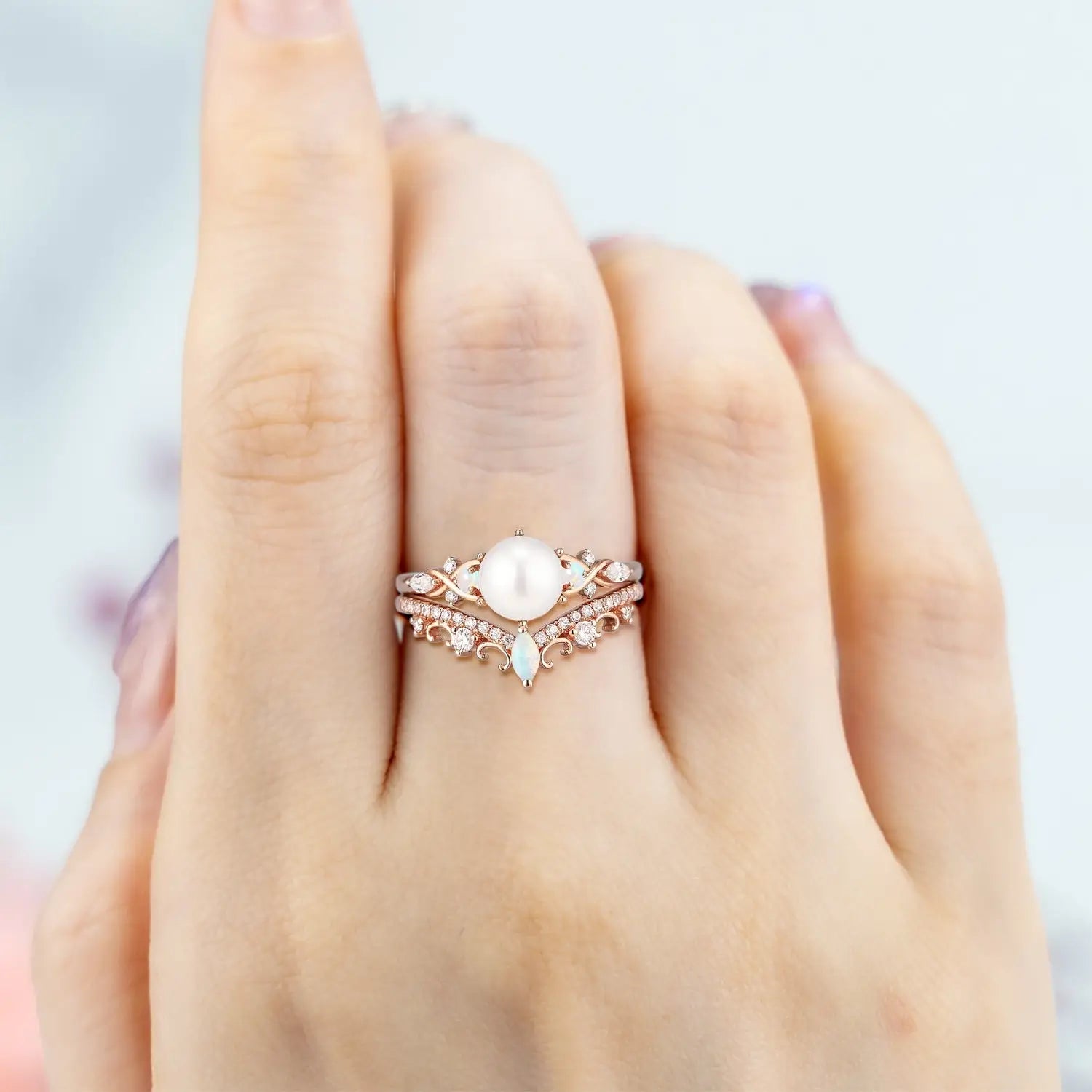 Vintage Pearl Engagement Ring Set with Opal – Art Deco Bridal Ring Set in Gold anniversary gift for women