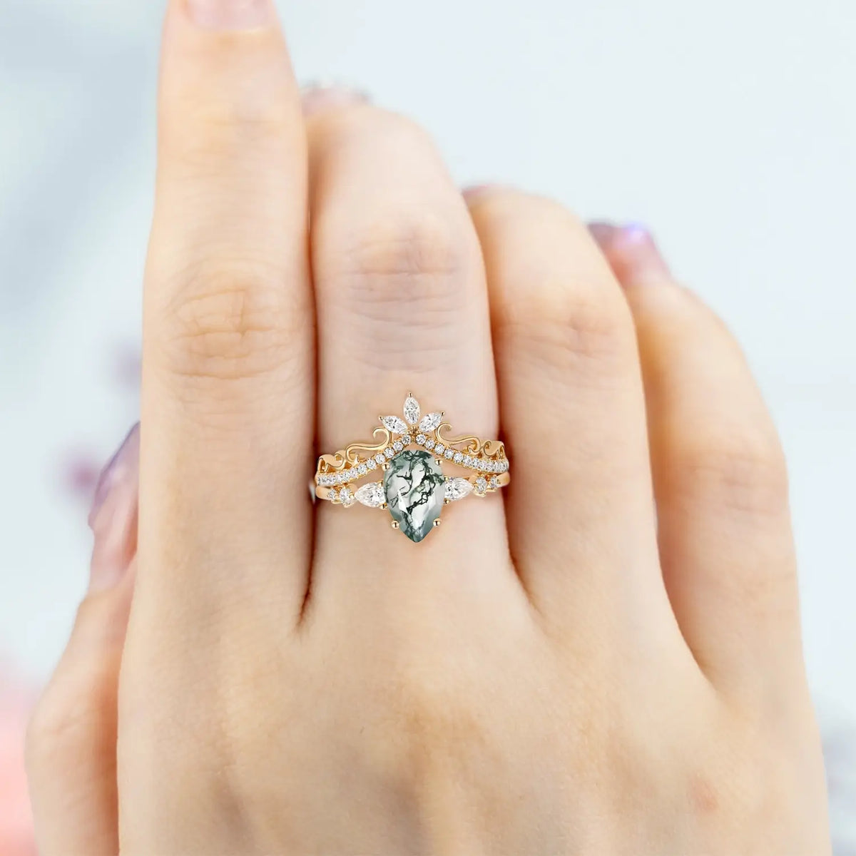 Signature Vintage Pear Moss Agate Ring Set orleone jewelry