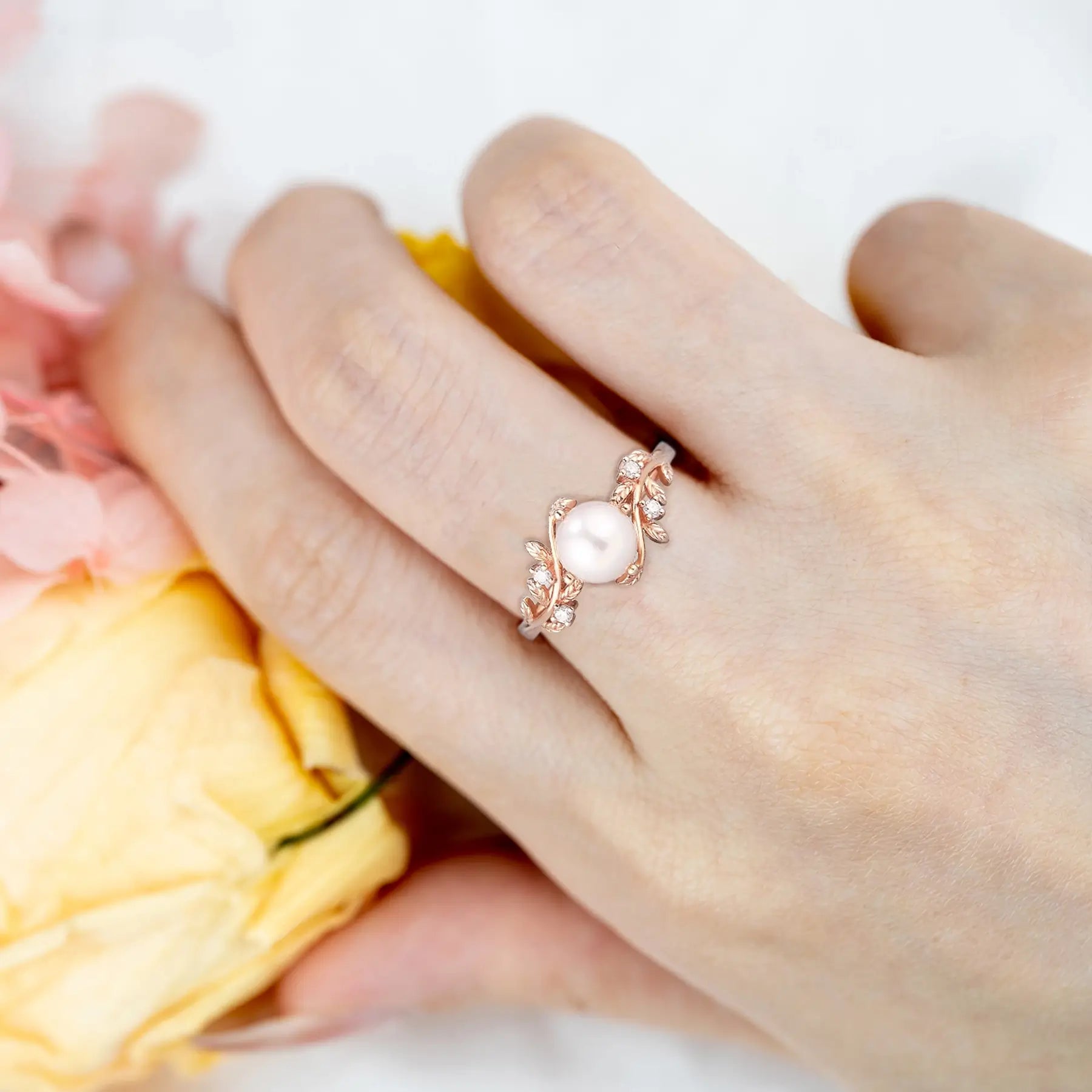 Art Deco Akoya Pearl Engagement Ring in 14K Gold Leaf Rings anniversary gift for ladies promise gift