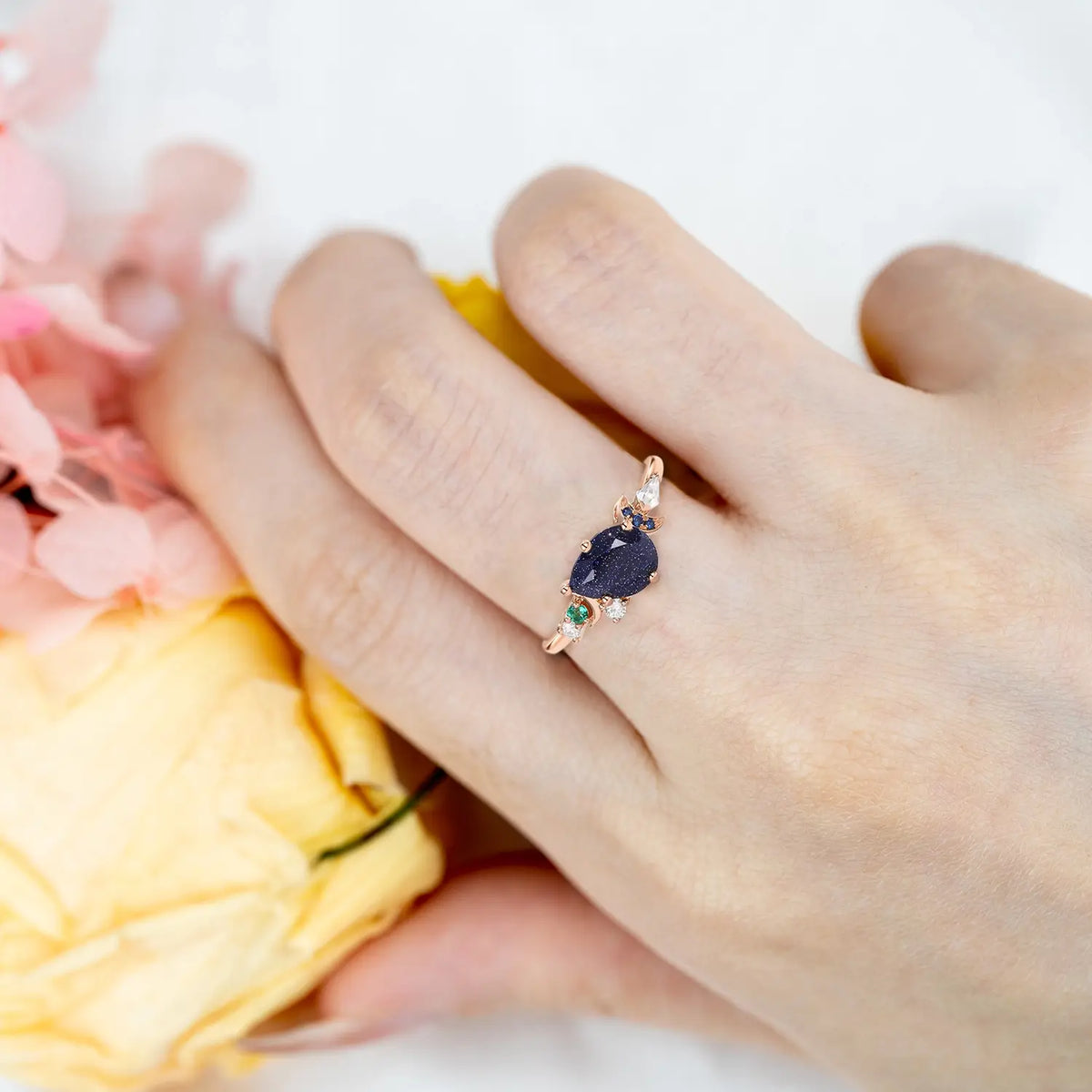 Crescent Moon Blue Sandstone Engagement Ring – Art Deco Cluster Rings for ladies anniversary gift
