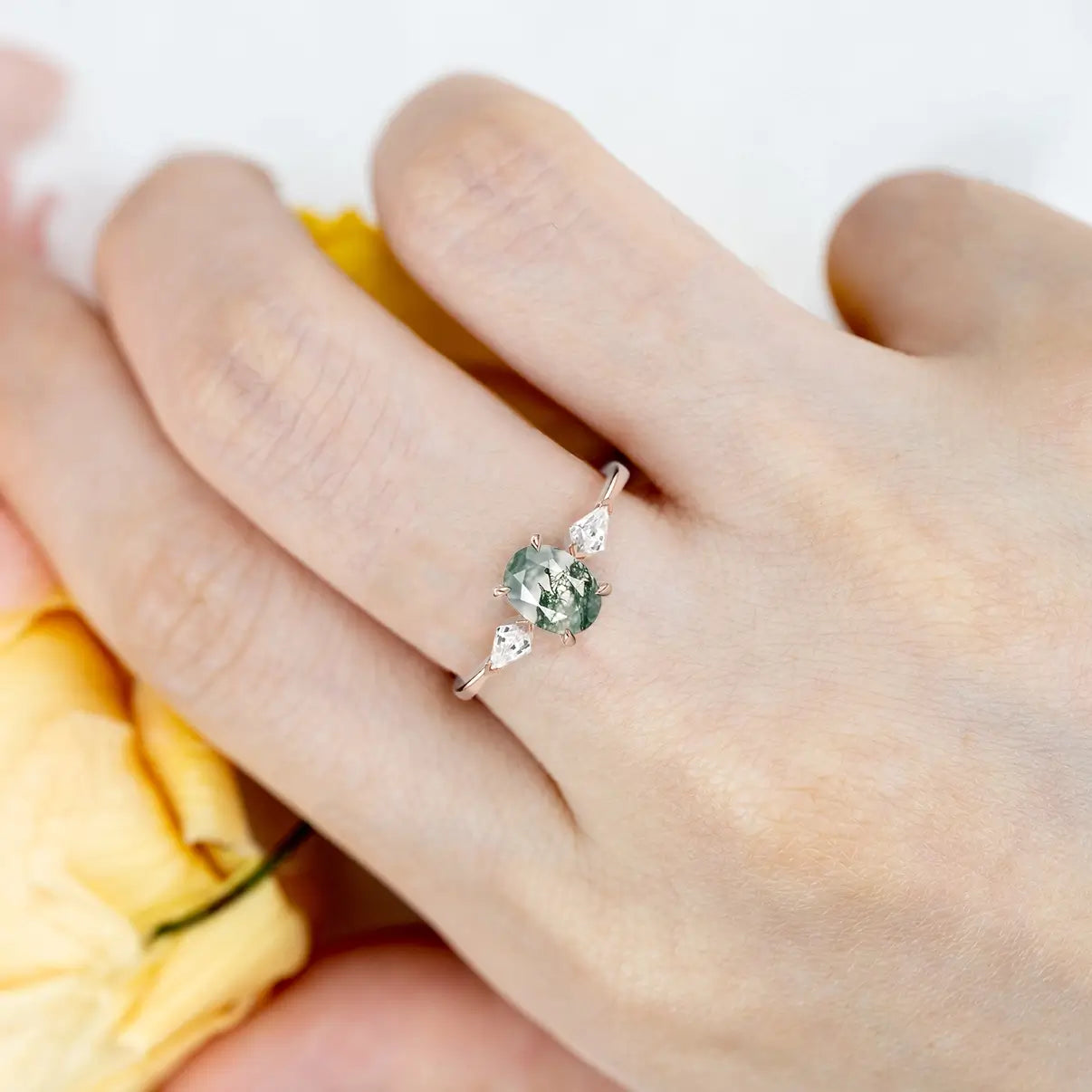 Classic Oval Moss Agate Engagement Ring - Three Stone Rings Rose gold promise jewelry gift