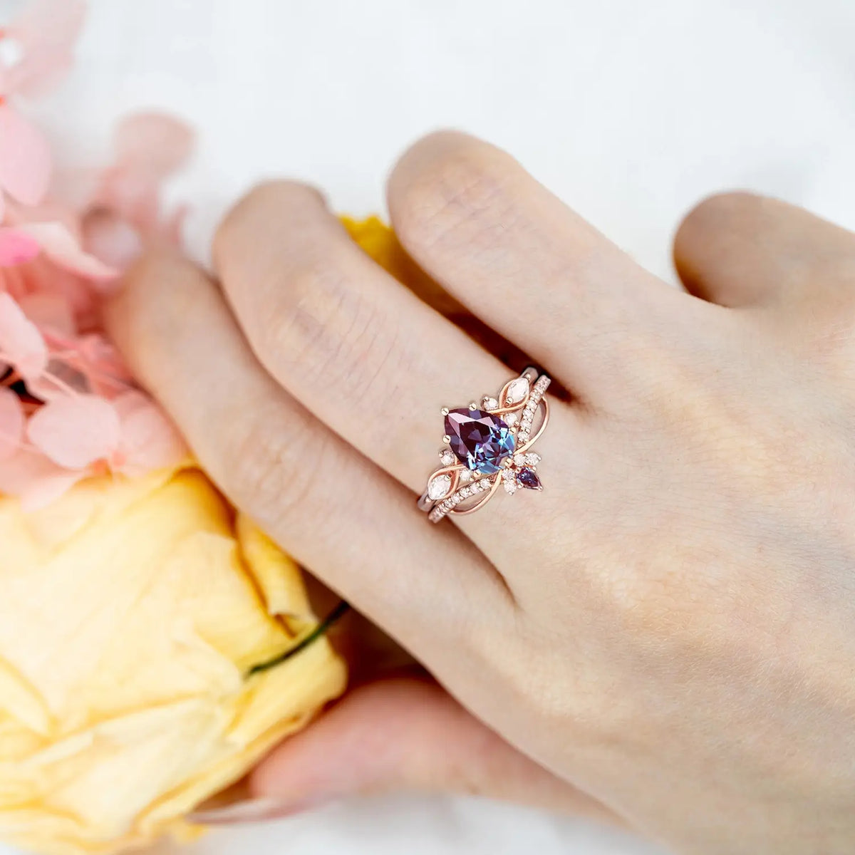 Twilight Art Deco Alexandrite Engagement Ring Set | Unique Bridal Set Promise Rings for Her