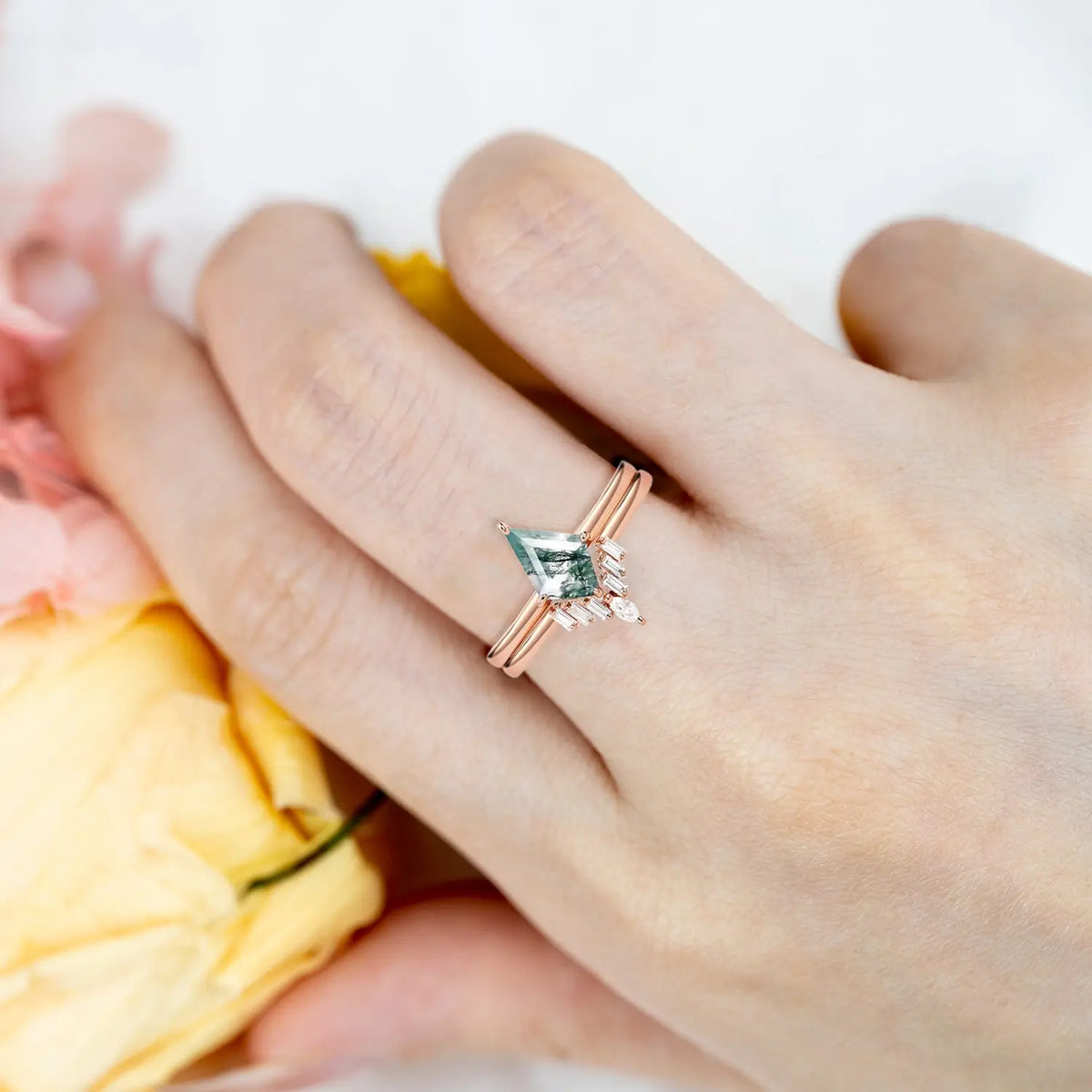 Kite Moss Agate Engagement Ring Set – 2pc Baguette Moissanite in 14k/18k Gold | Handmade Nature-Inspired Jewelry