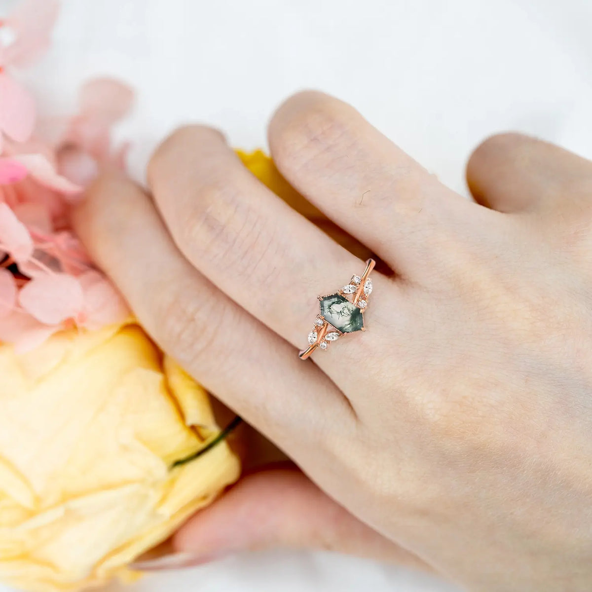 Long Hexagon Moss Agate Engagement Ring – Leaf Rings Art Jewelry for ladies gift | orleone