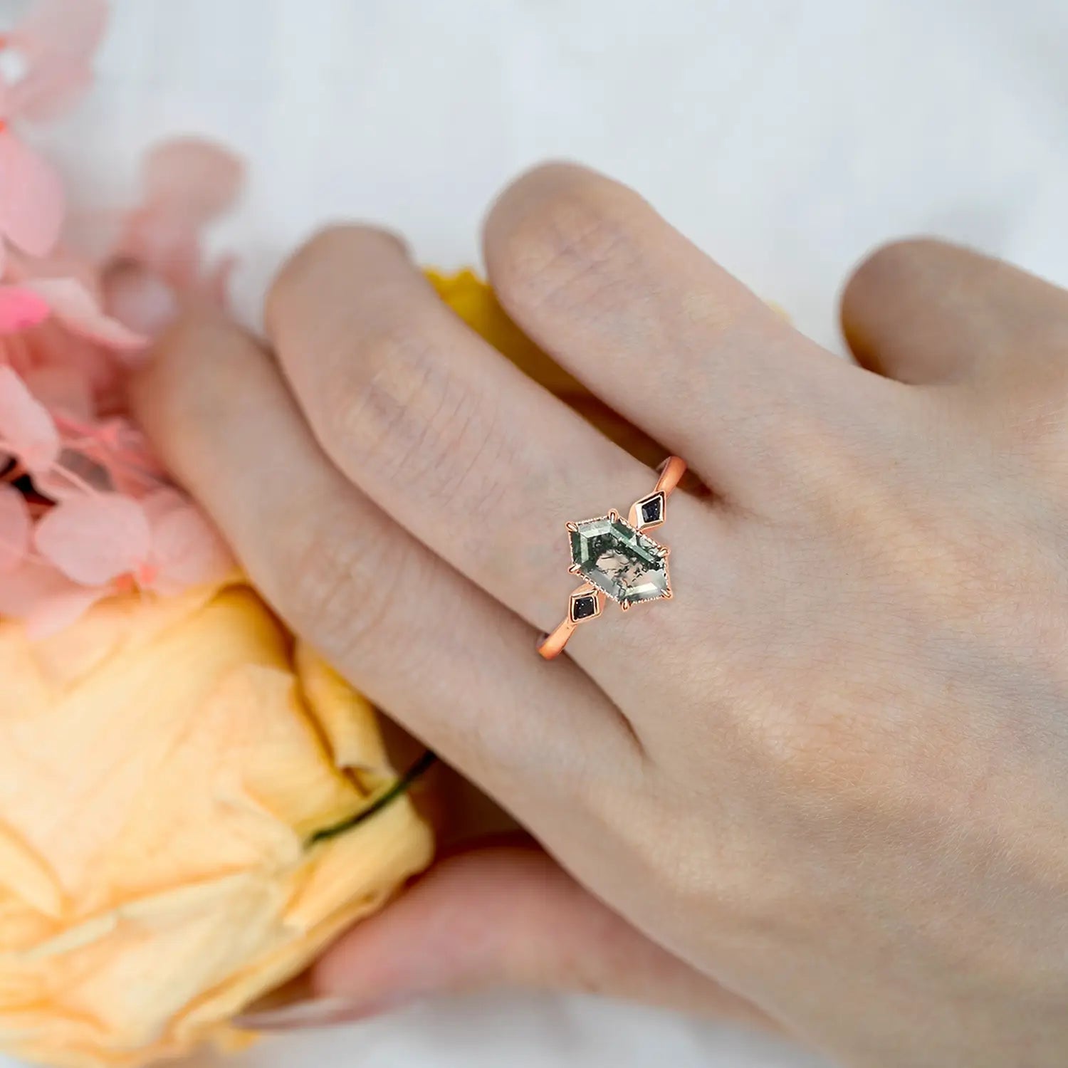 Long Hexagon Moss Agate Engagement Rings – Minimalist Three-Stone Ring