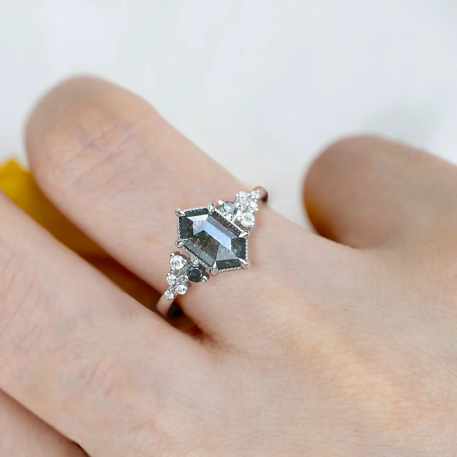 handmade custom Long Hexagon Salt and Pepper Diamonds Stacking Engagement Rings - Cluster Rings