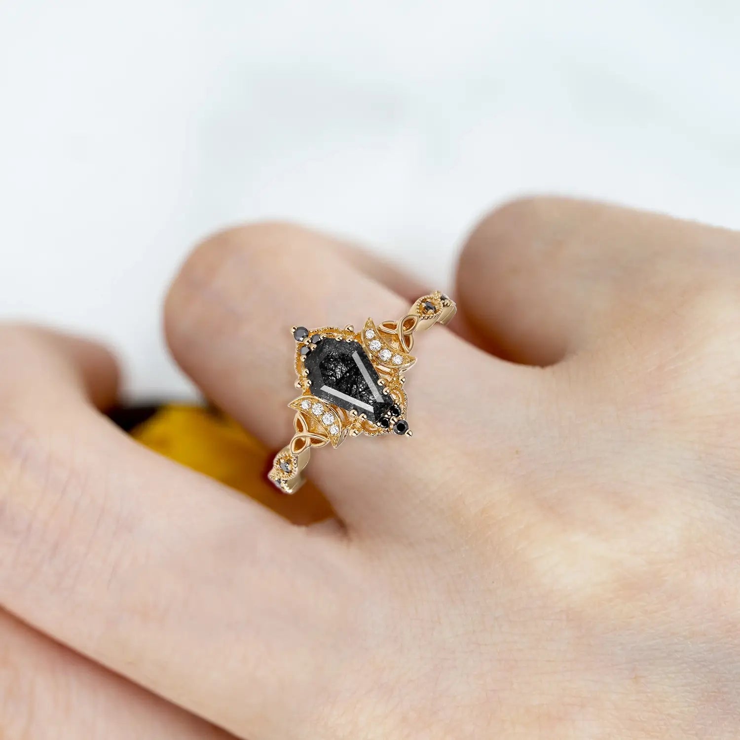 Unique Coffin Cut Black Rutilated Quartz Engagement Ring - Flora Rings custom yellow gold rings for ladies