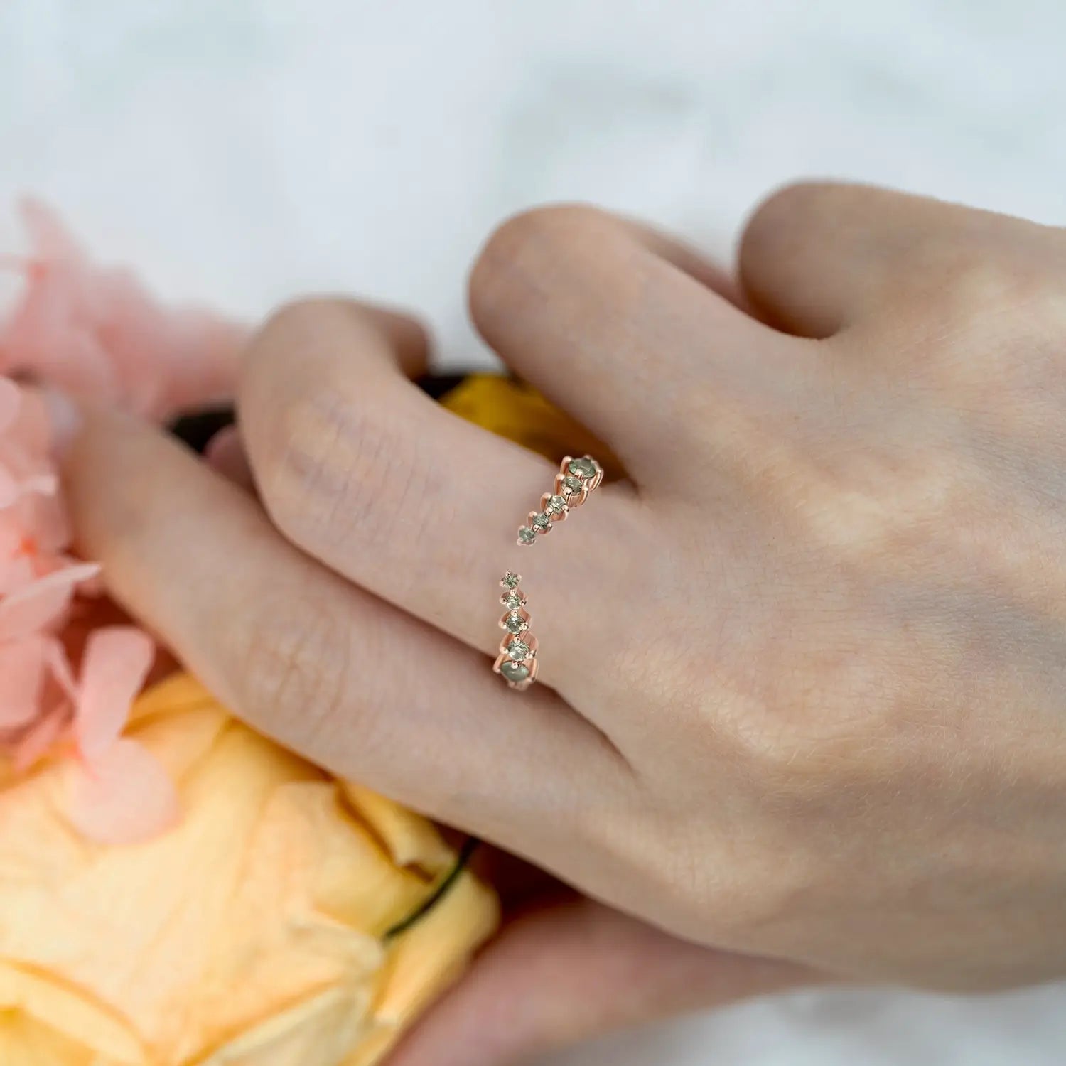 Verdant Cascade – Lab Grown Green Sapphire Open Wedding Band | orleone