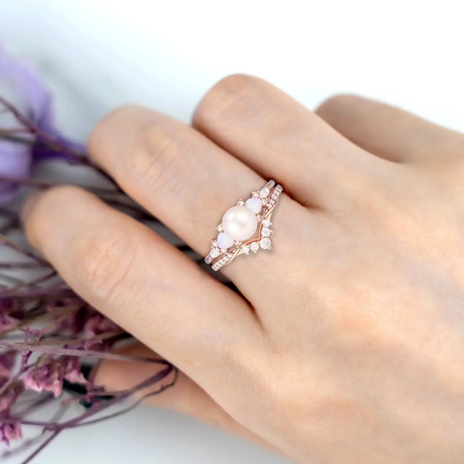 Vintage Akoya Pearl & Heart Opal Engagement Ring Set in Solid Gold