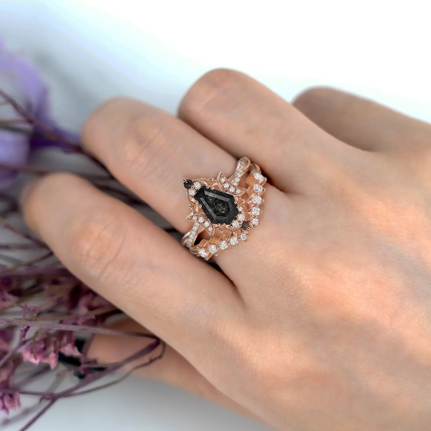 Coffin Cut Black Rutilated Quartz Engagement Ring Set - Unique Vintage Luxury Rings custom gift for ladies