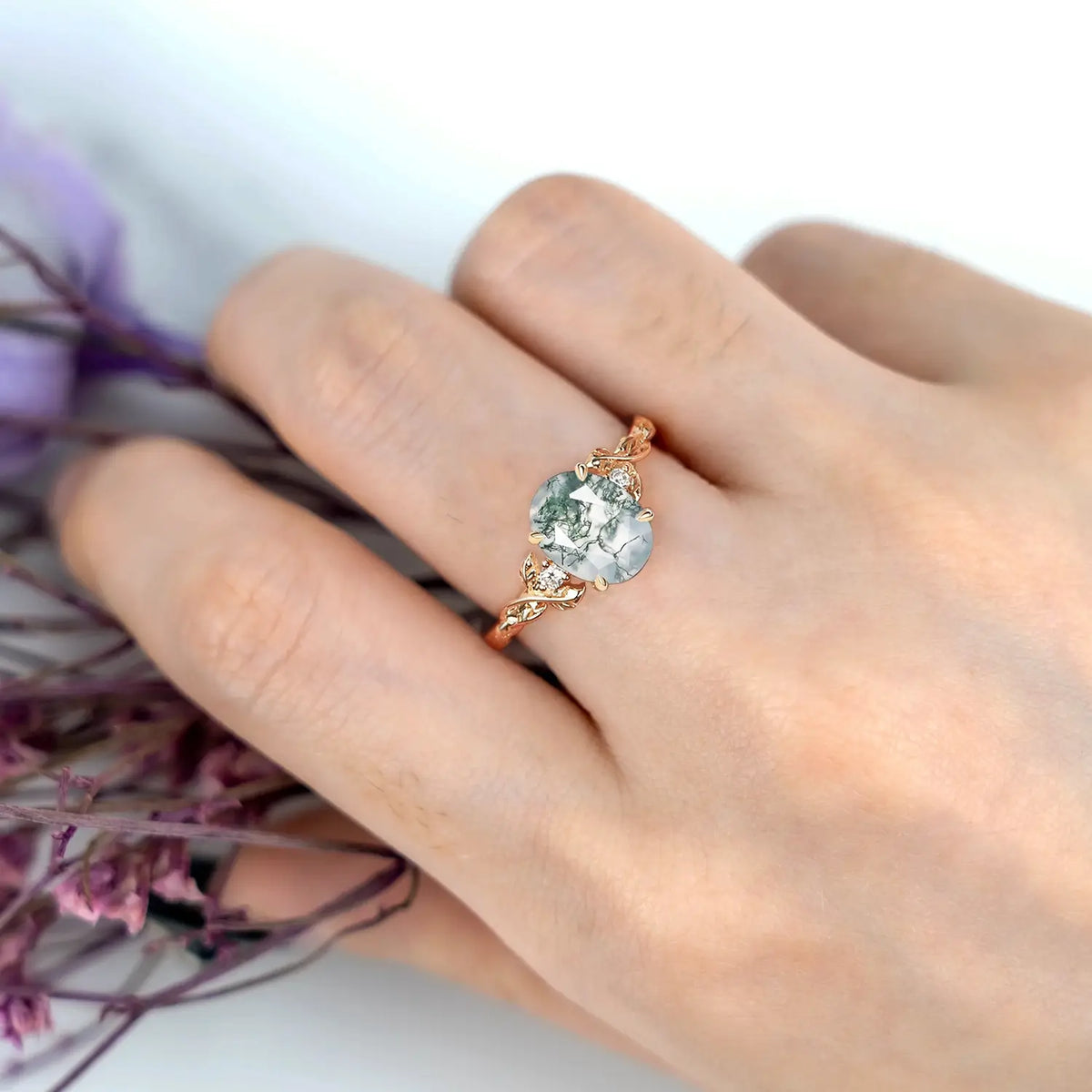 Oval Cut Moss Agate Leaf Engagement Rings - Elysian Prosperity Ring for ladies gift