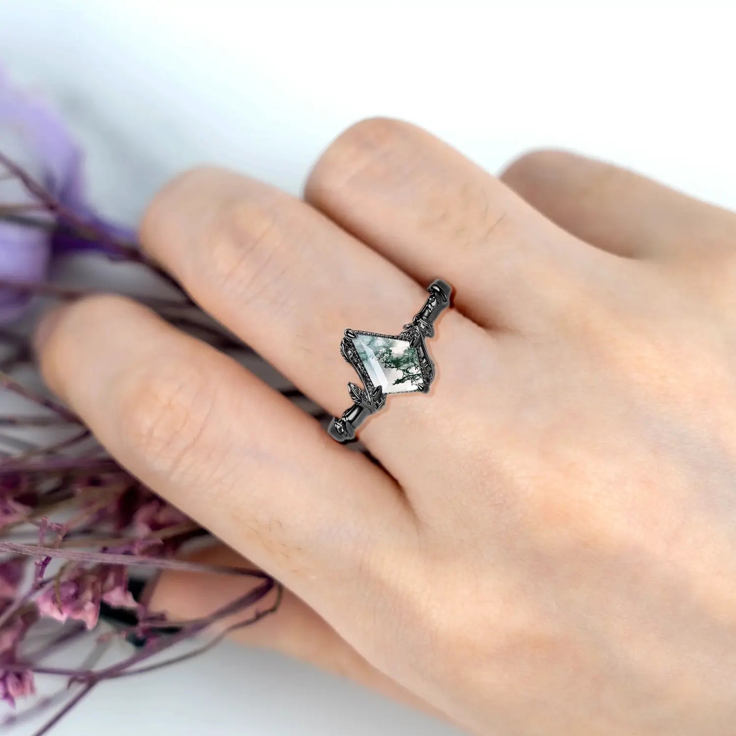 Kite Cut Moss Agate Engagement Rings 14K Black Gold Vine Whisper Ring for ladies promise gift
