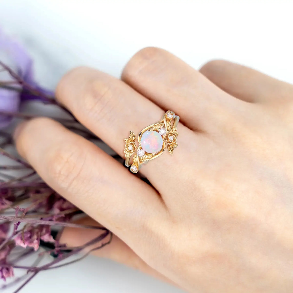 Opal Engagement Ring Set with Rosebud Flower Enhancer | Art Deco Gold October Birthstone Ring yellow gold for laides gift