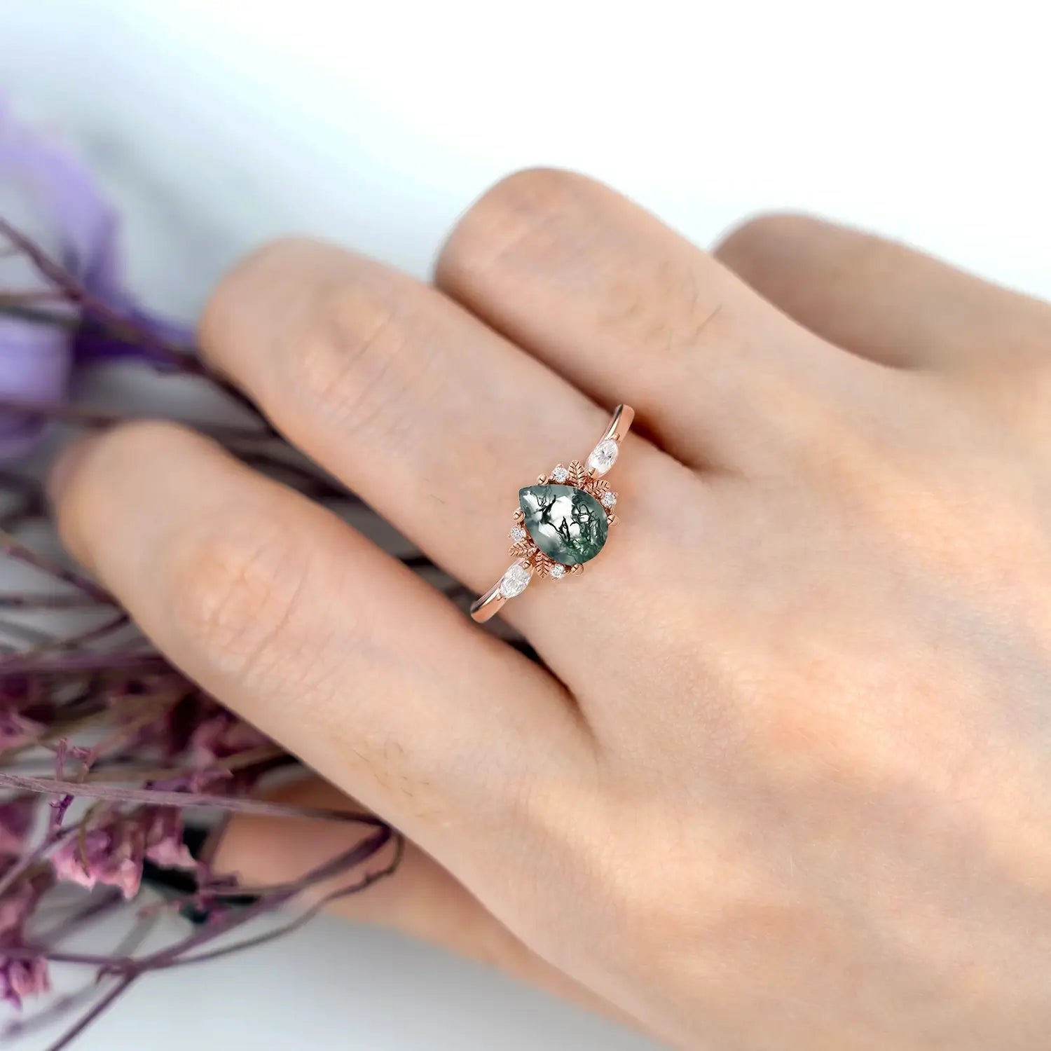 Pear Cut Moss Agate Engagement Rings Art Fairy Grove Ring Promise Gift - yellow gold ring 14k | orleone