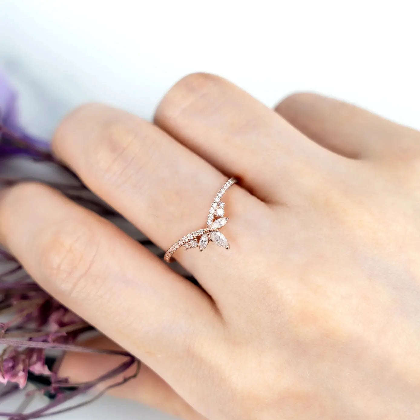 Moissanite Chevron Wedding Band – Art Deco Inspired Matching Stacking Ring