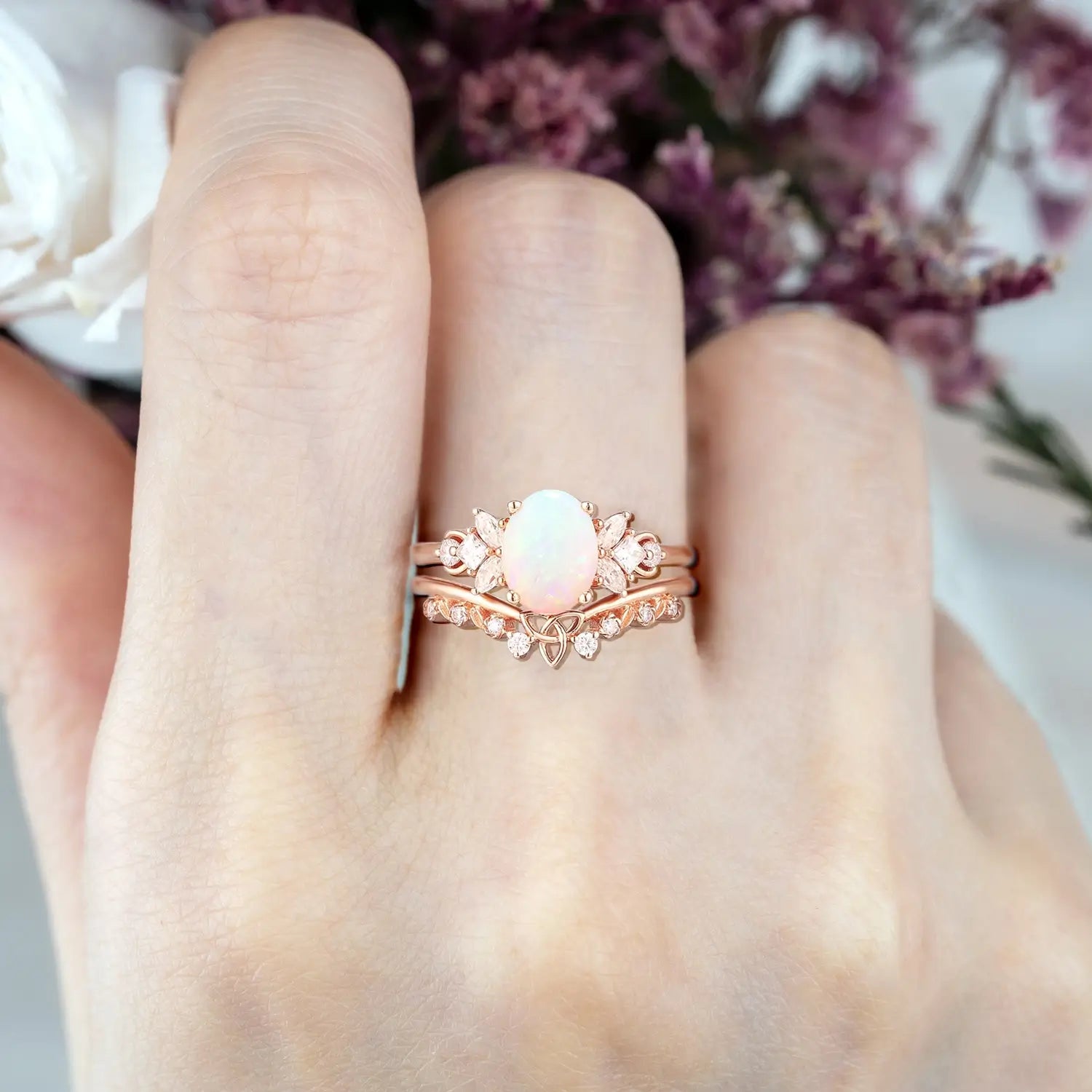 Vintage Oval Opal Engagement Ring Set | Art Deco Celtic Cluster Ring in Solid Gold | October Birthstone Bridal Set