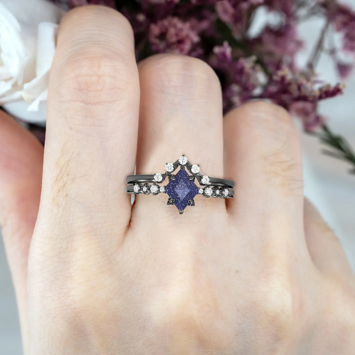 Celestia Nightfall – 2pc Blue Sandstone Vintage Chevron Ring Set black gold rings for ladies