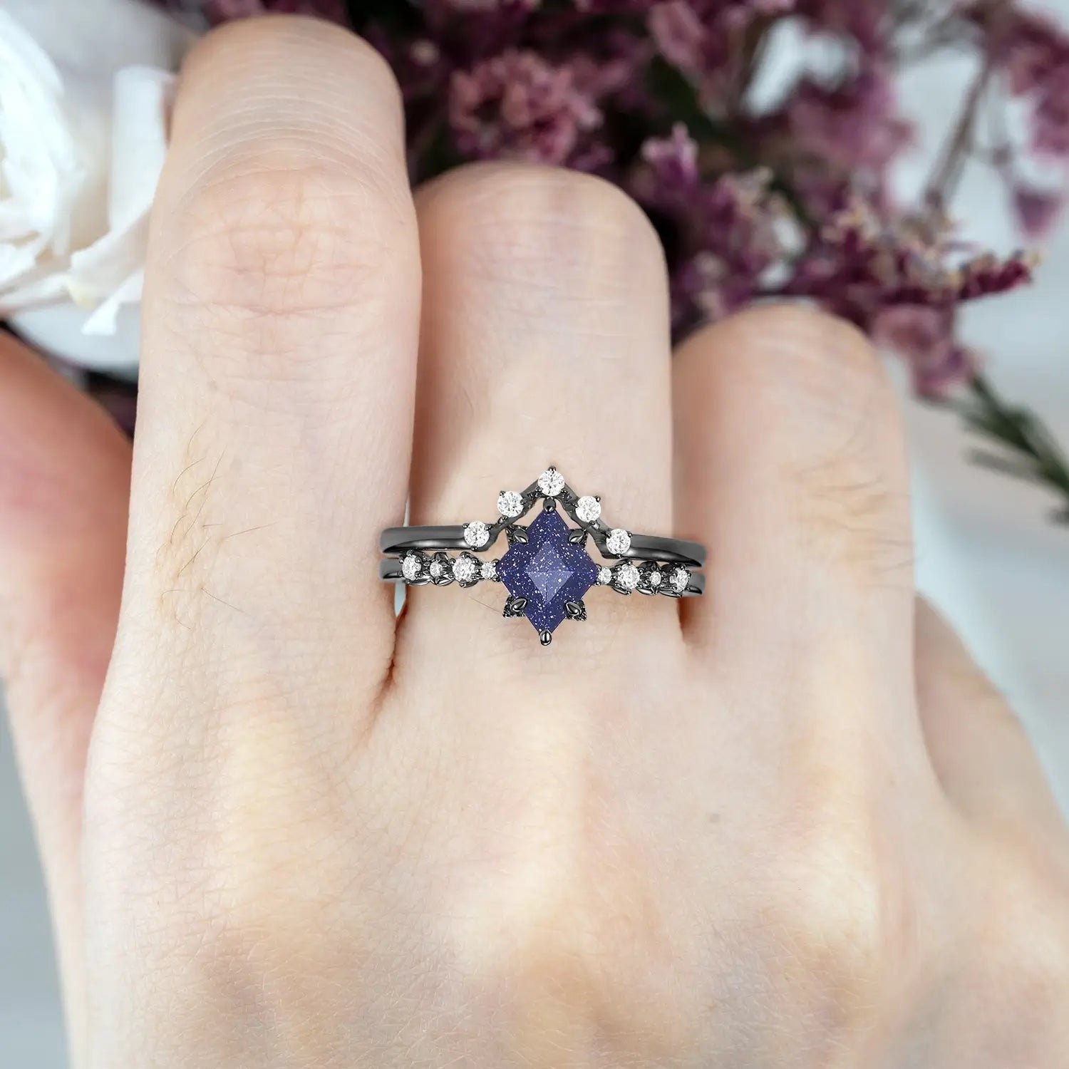 Celestia Nightfall – 2pc Blue Sandstone Vintage Chevron Ring Set black gold rings for ladies