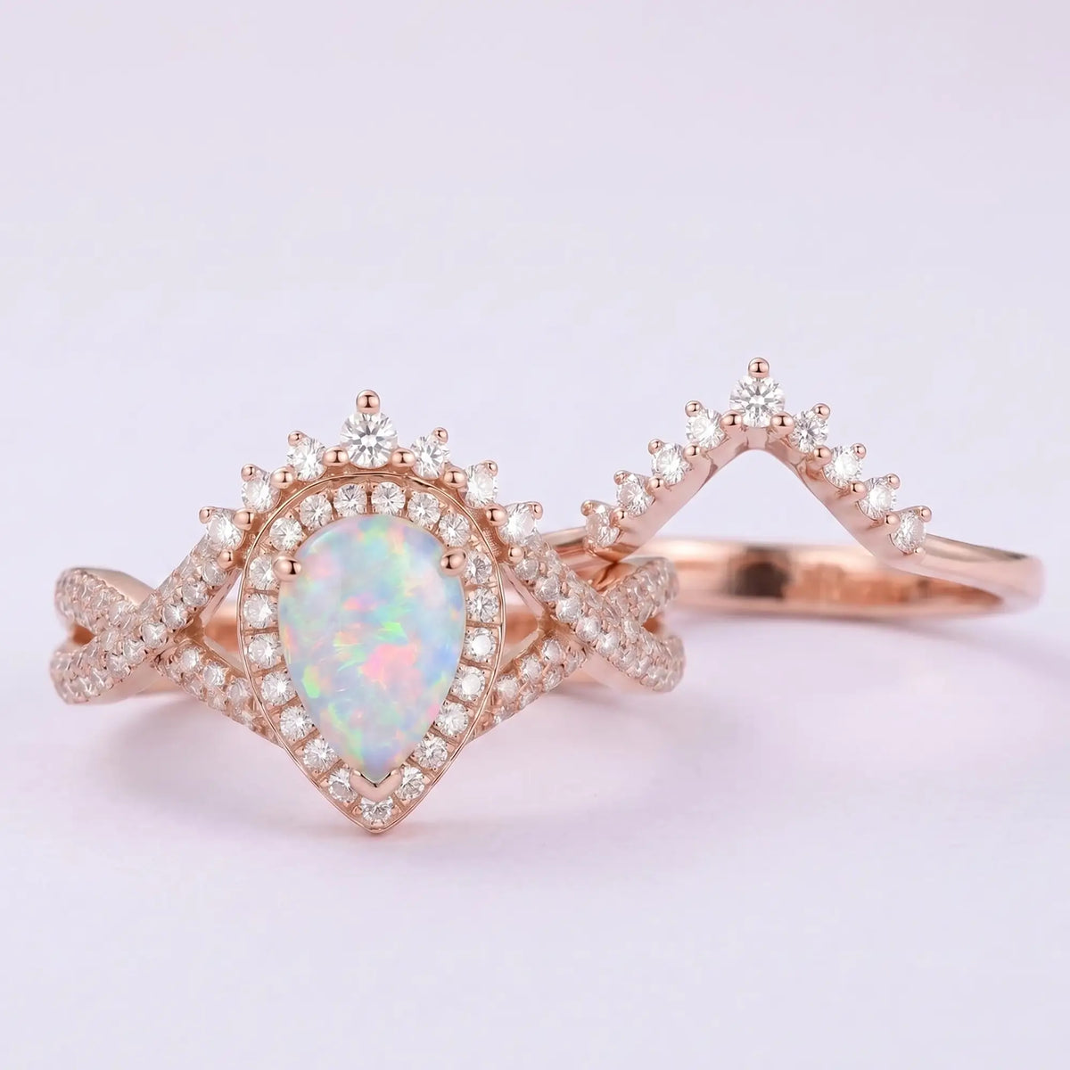 Celestia Loop – 2pc Infinity Halo Opal Engagement Ring Set Pear Cut