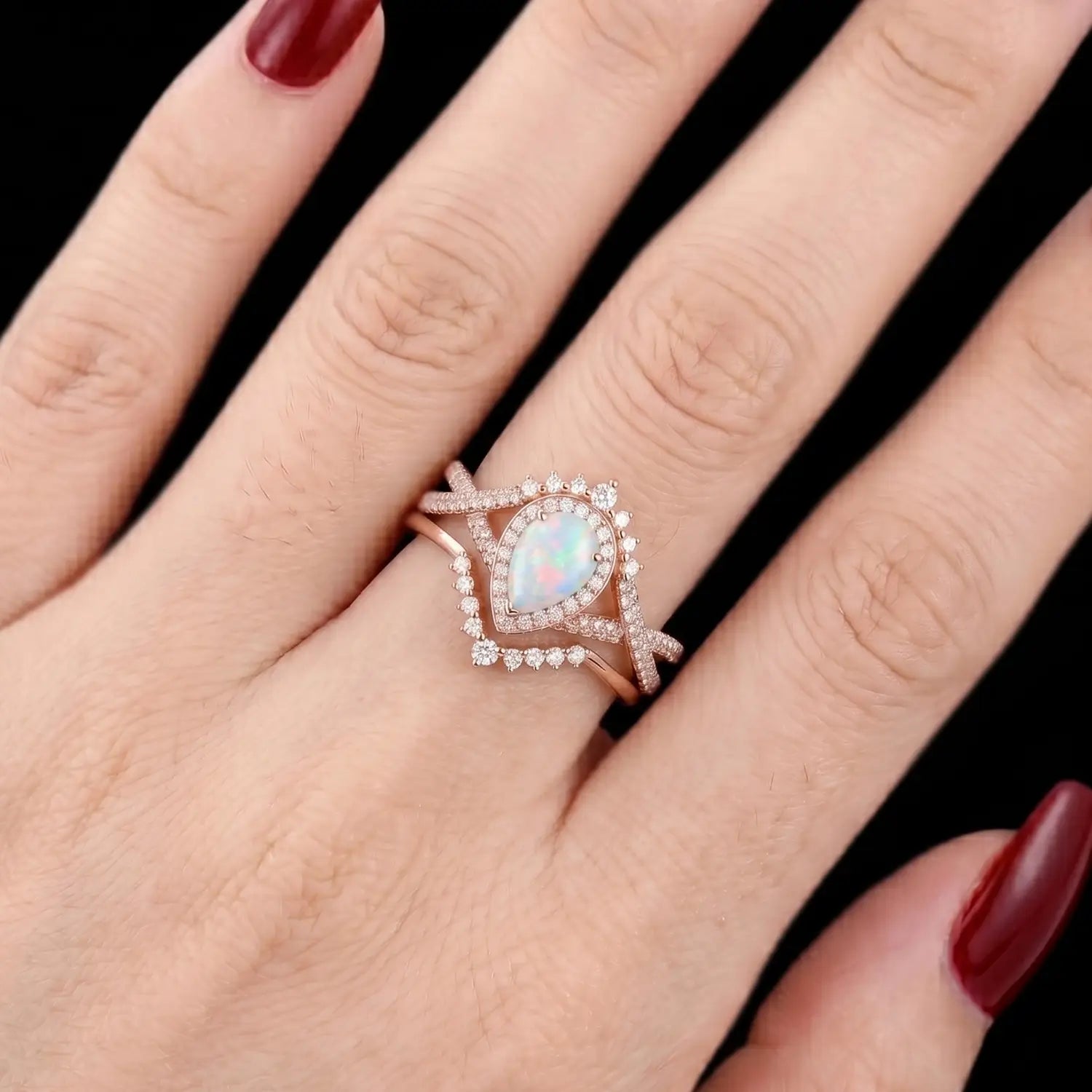 Celestia Loop – 2pc Infinity Halo Opal Engagement Ring Set Pear Cut