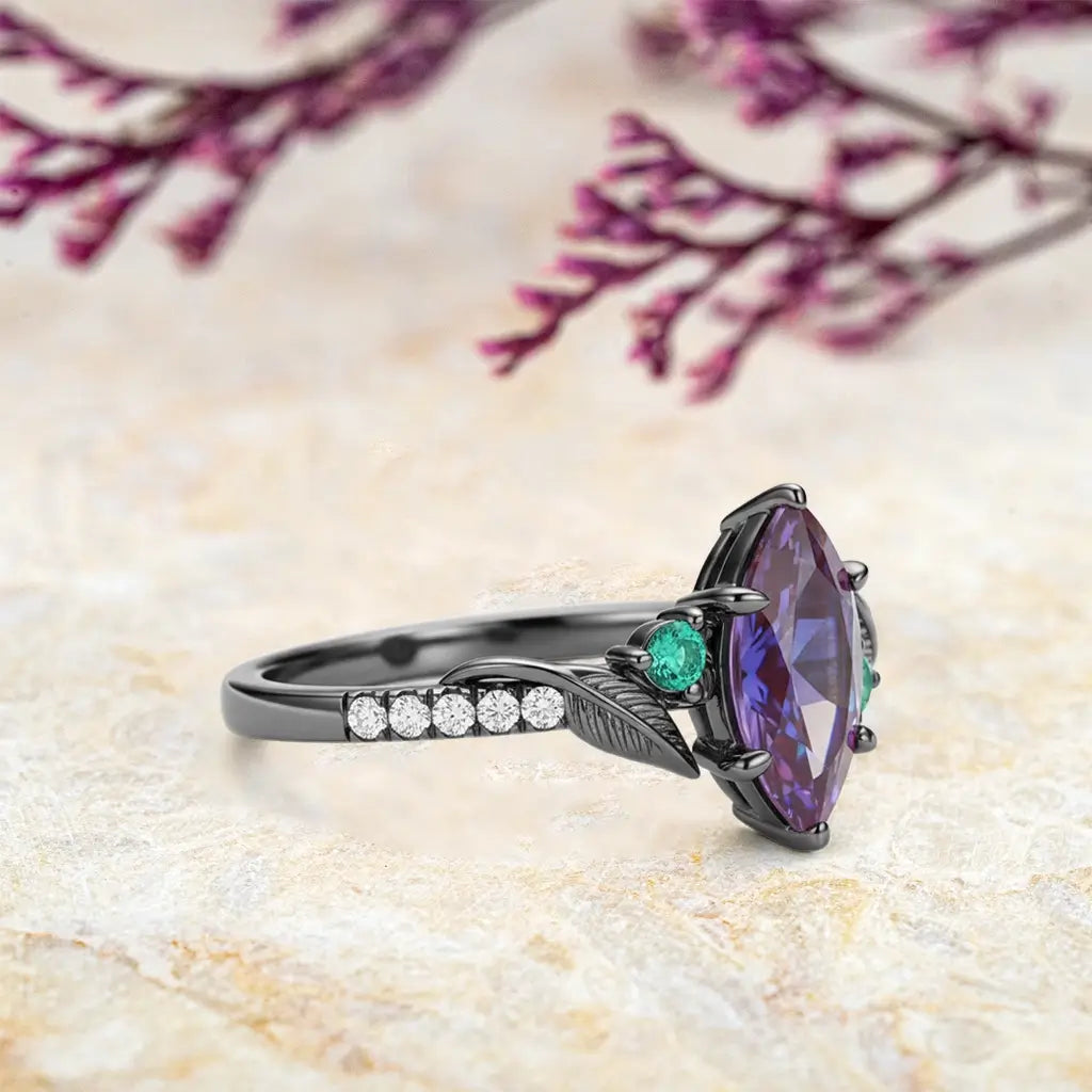 Marquise Alexandrite Leaf Engagement Ring – Black Gold Art-Inspired Design 18k