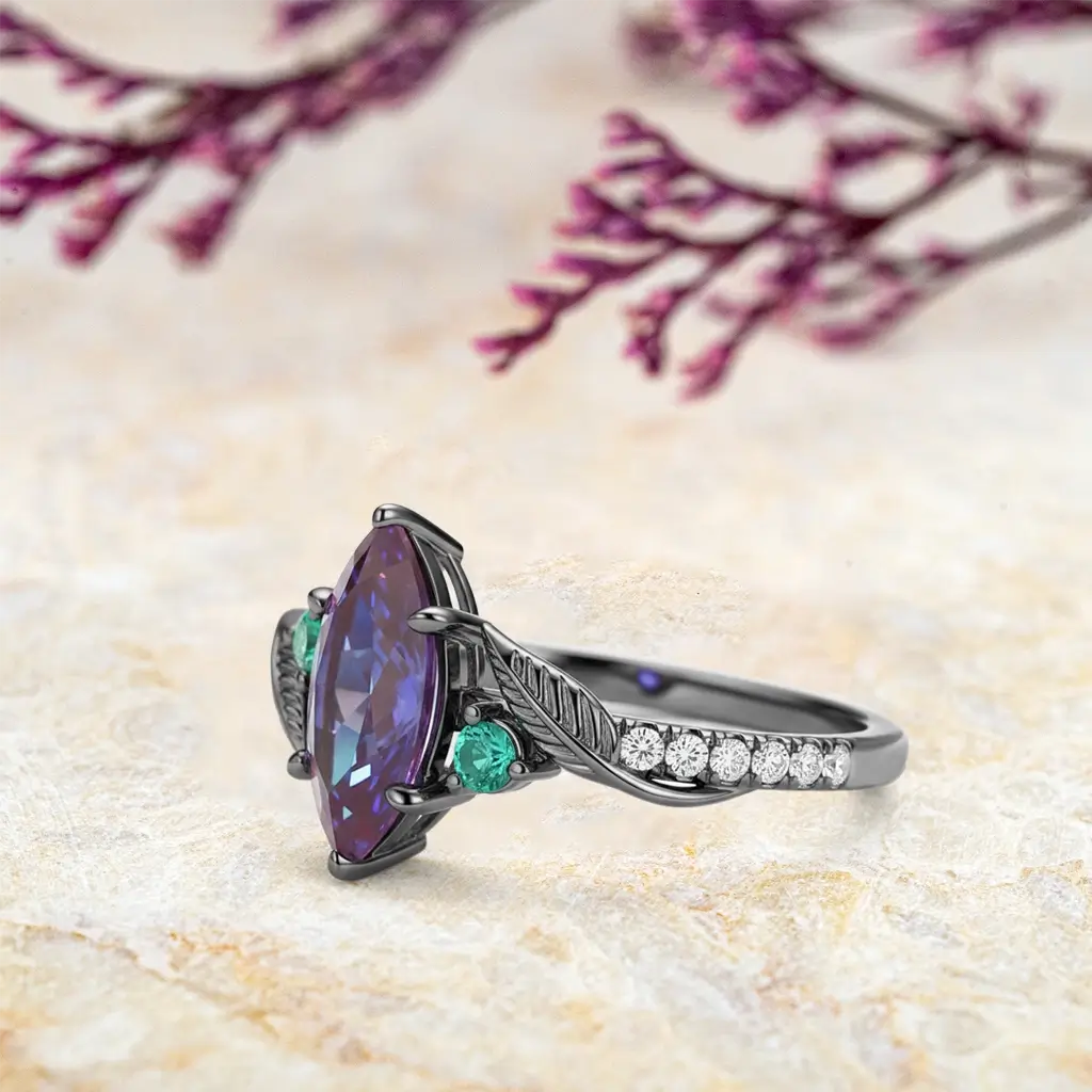 Marquise Alexandrite Leaf Engagement Ring – Black Gold Art-Inspired Design 18k