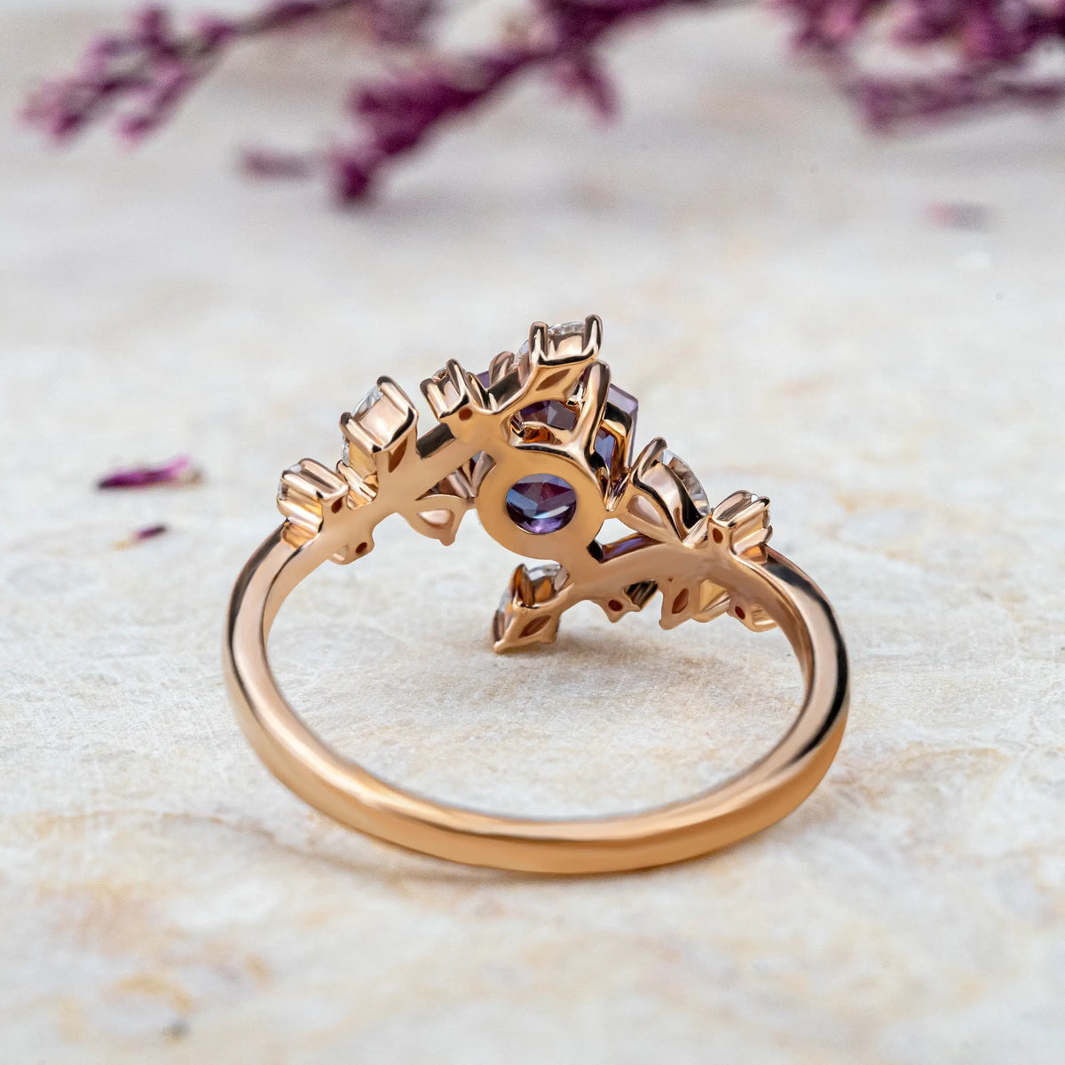 Rose Gold Alexandrite Art Ring โ Natural Inspired Floral Engagement Ring Orleone 18k rose gold