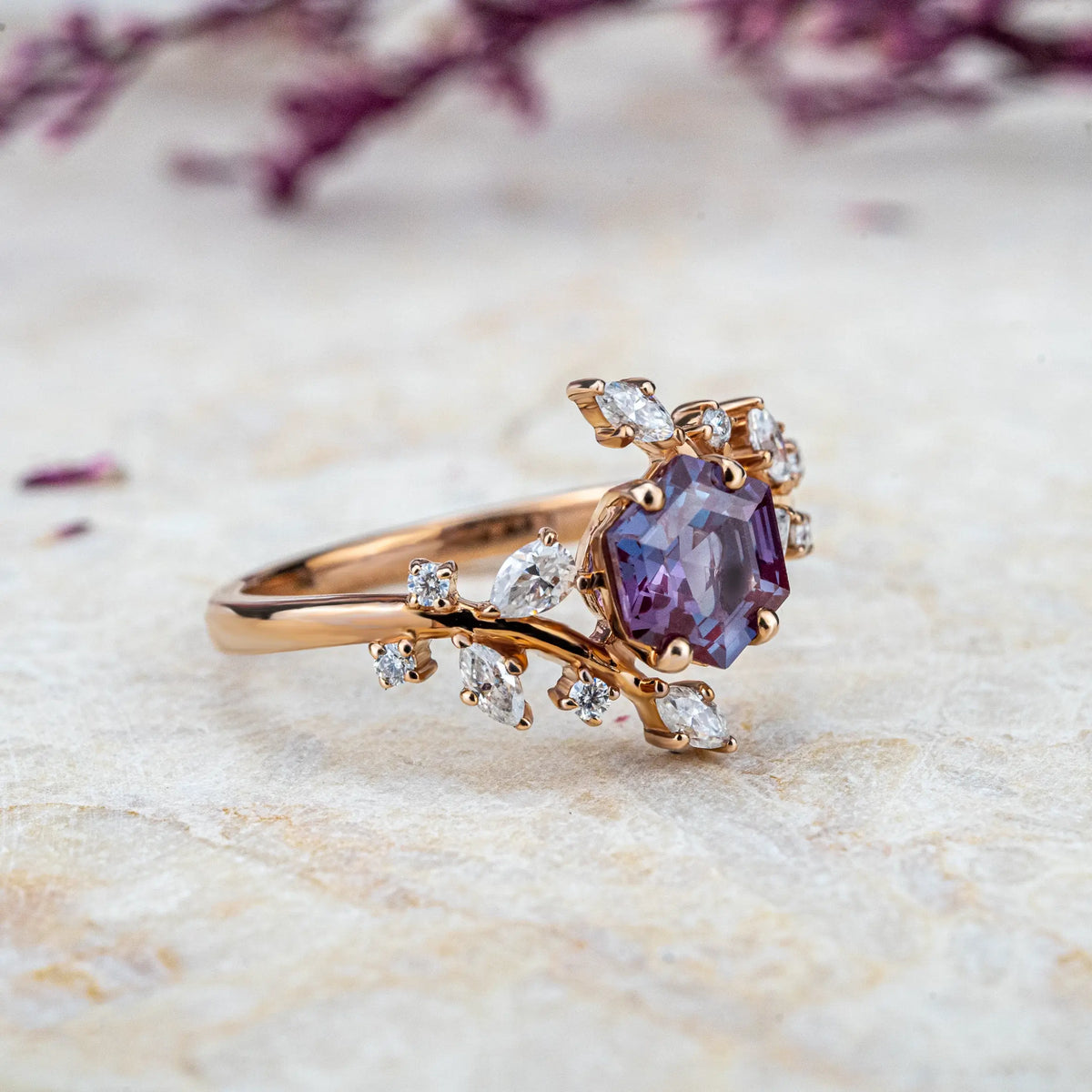 Rose Gold Alexandrite Art Ring โ Natural Inspired Floral Engagement Ring Orleone