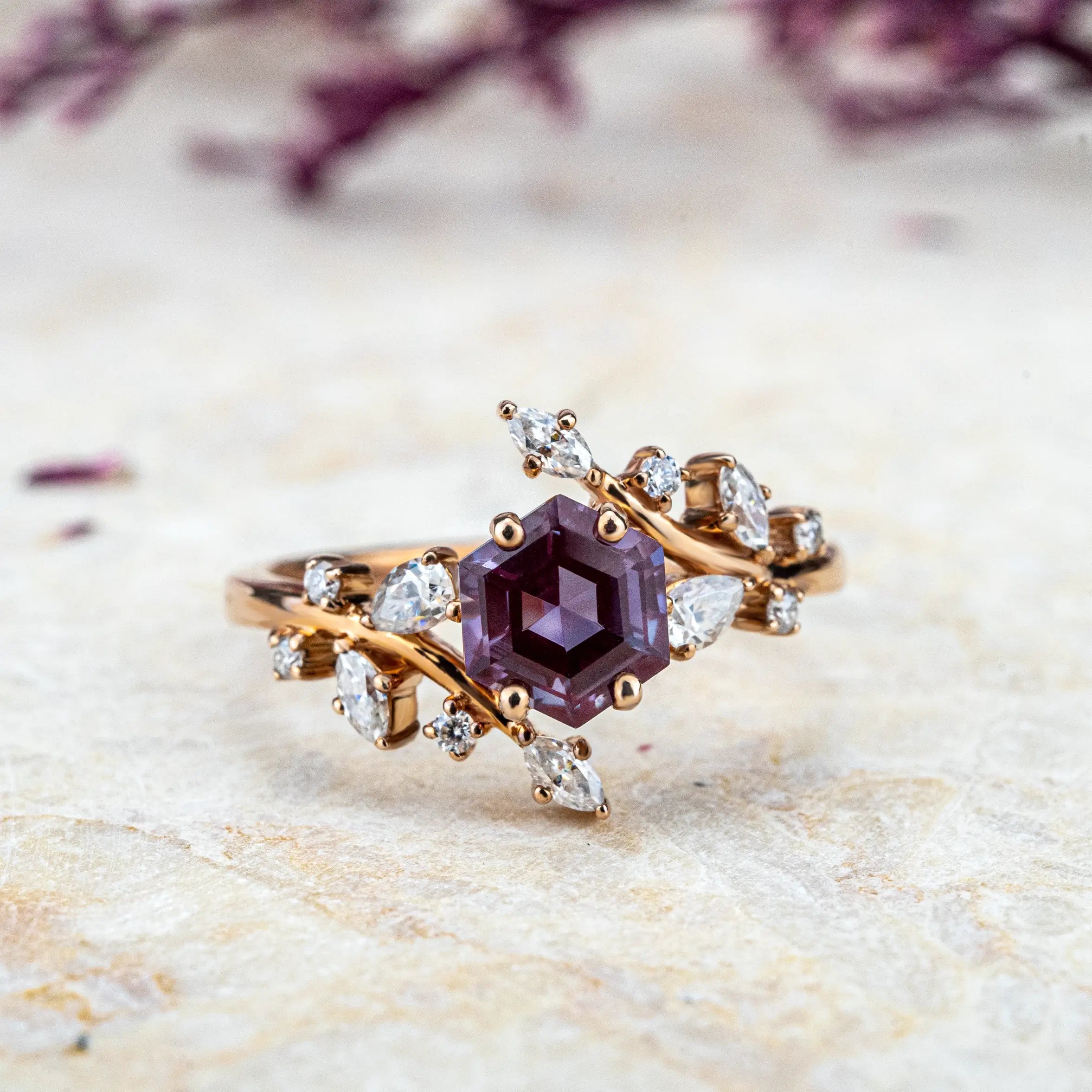 Rose Gold Alexandrite Art Ring – Natural Inspired Floral Engagement Ring Orleone