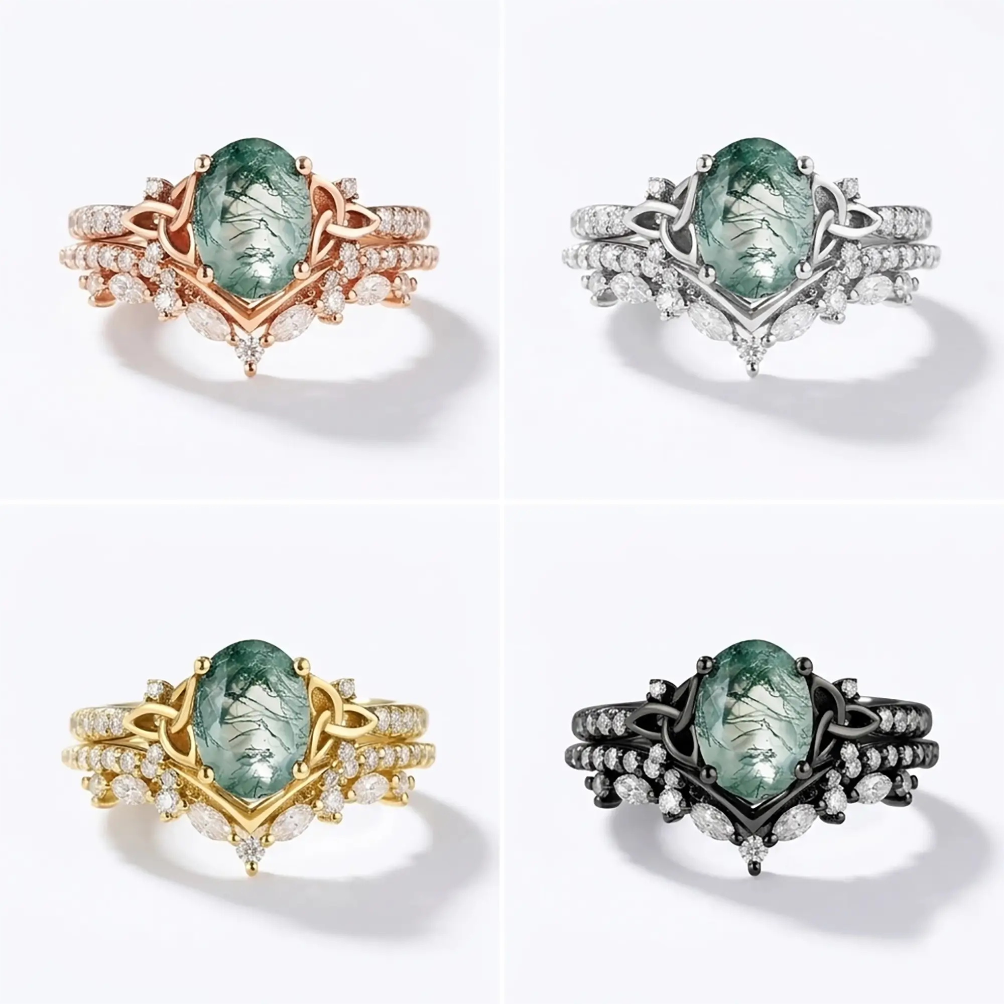 Art Deco Oval Moss Agate Engagement Ring Set Celtic Knot Wedding Band – Aeloria