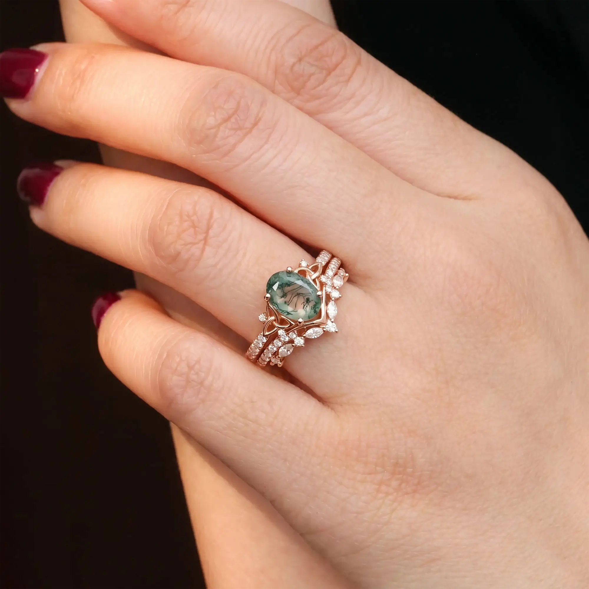 oval moss agate engagement Bridal Sets for women