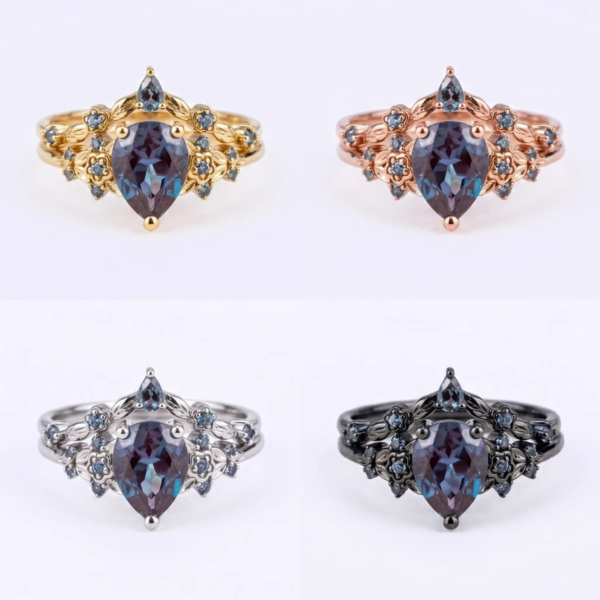 Black Floral Alexandrite Ring Set – Unique Rhodium Black Bridal Jewelry
