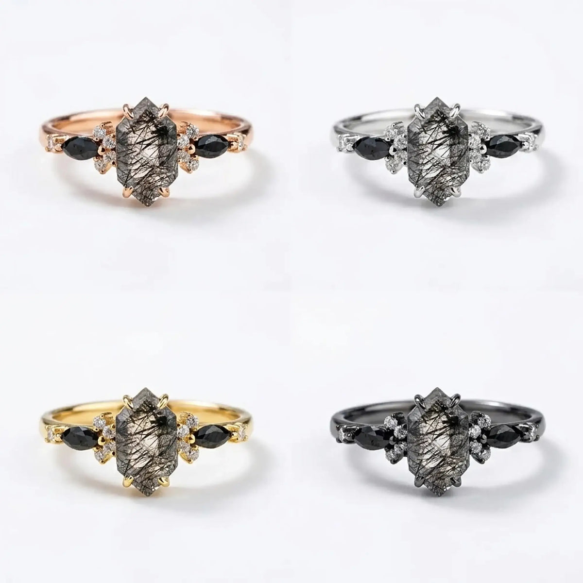 Anillo de Compromiso de Cuarzo Rutilado Negro Hexagonal – Exclusivo Clúster de Oro de 18K