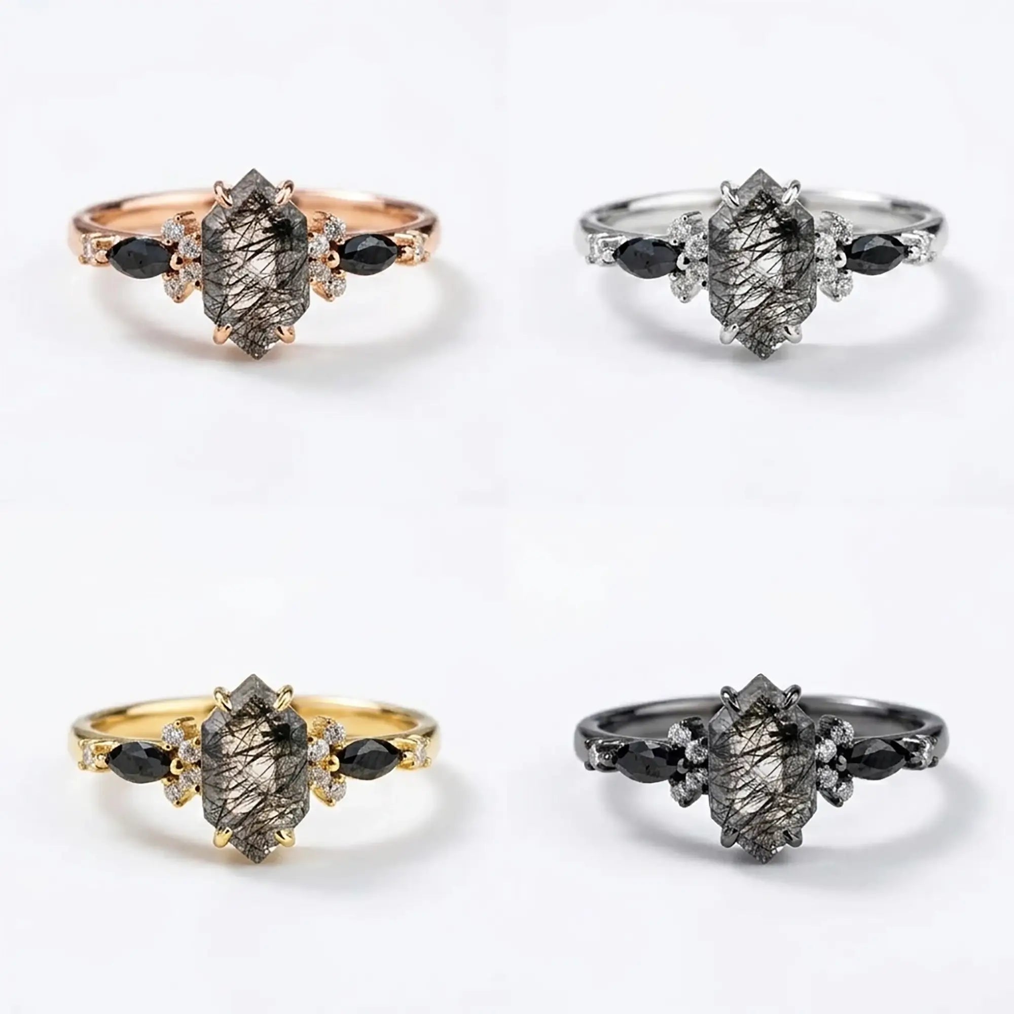 Anillo de Compromiso de Cuarzo Rutilado Negro Hexagonal – Exclusivo Clúster de Oro de 18K
