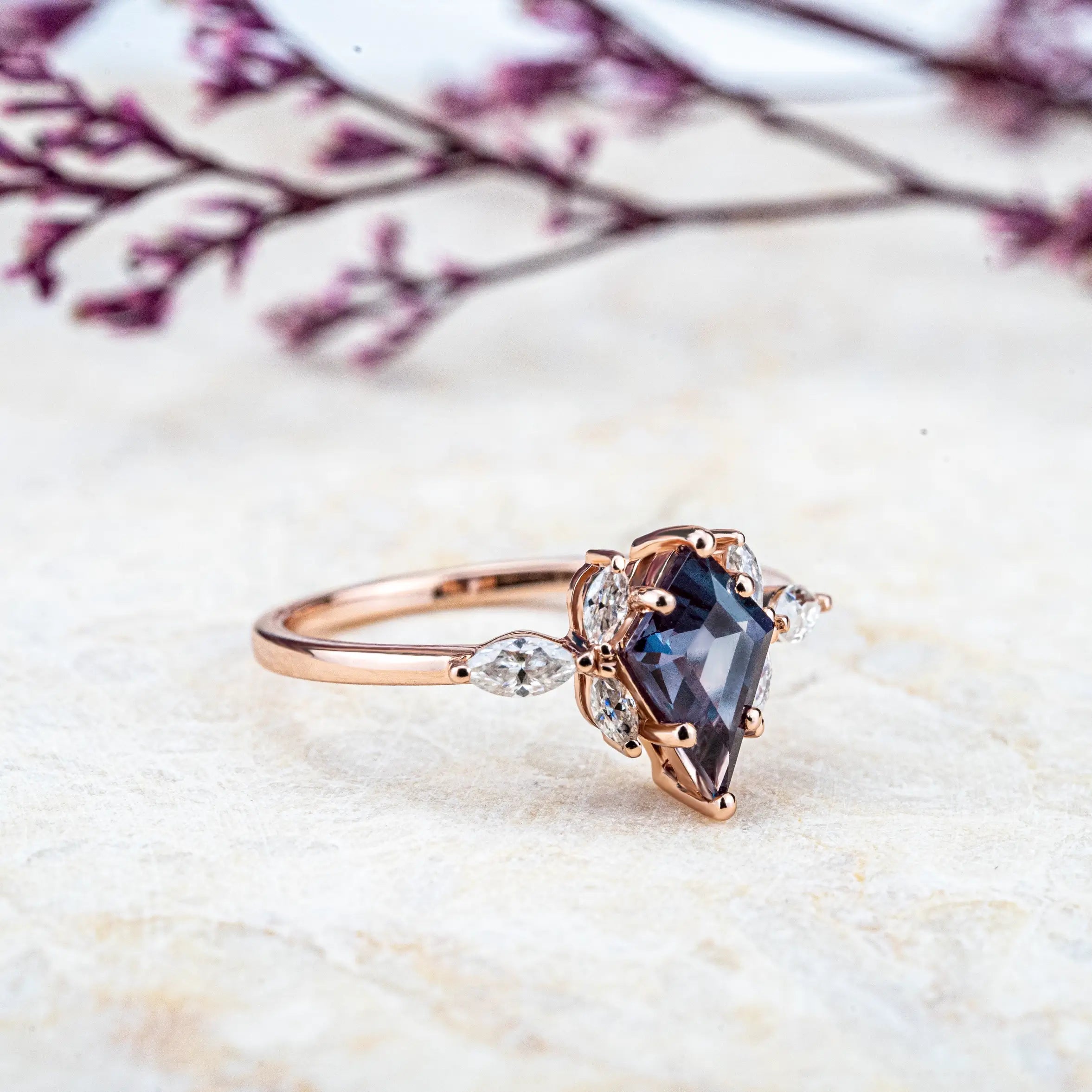 Kite Cut Lab Alexandrite Engagement Ring Flower Design Anniversary Rings For Womens