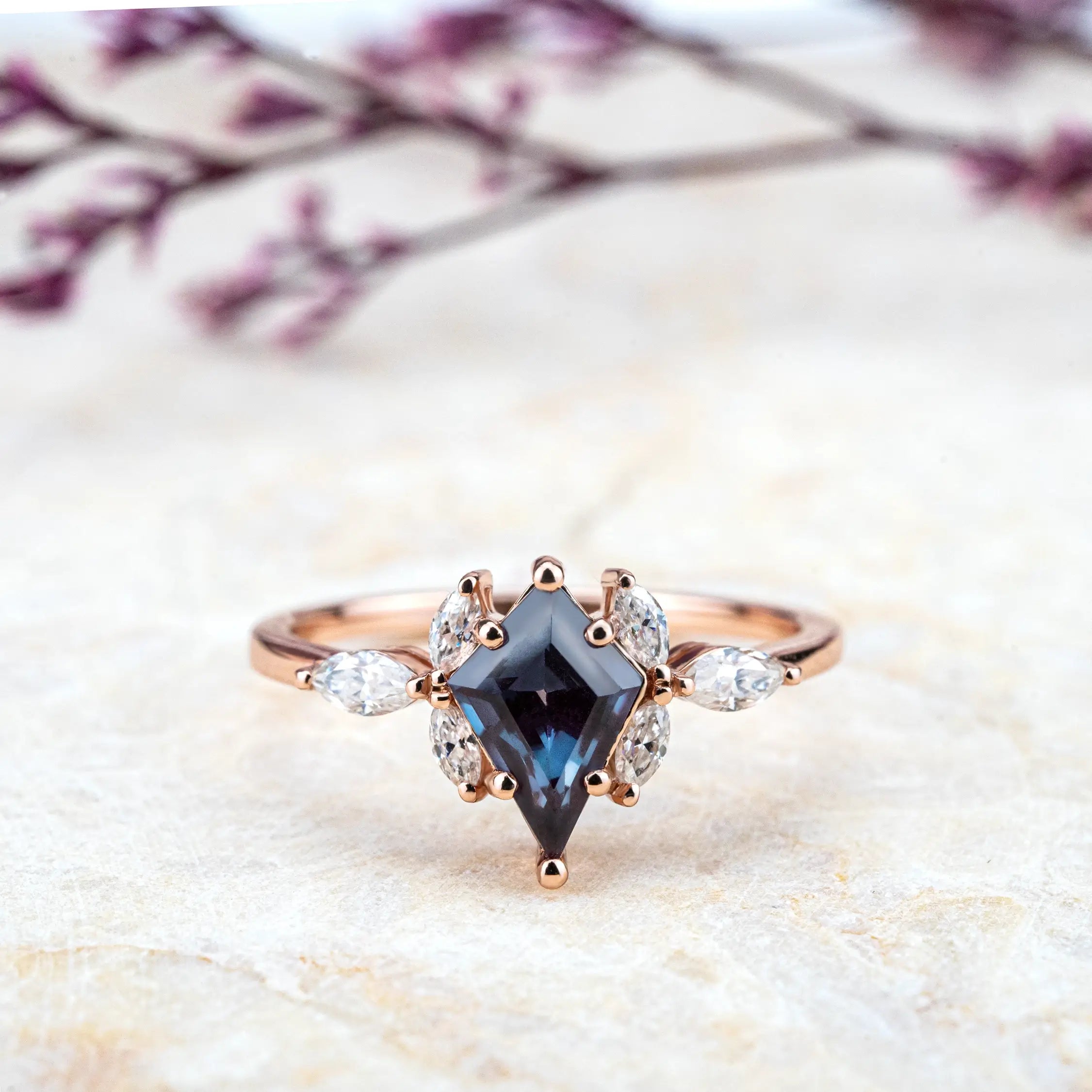 Celeste Kite-Cut Lab Alexandrite Engagement Ring | Custom Floral Gold Ring Orleone Jewelry
