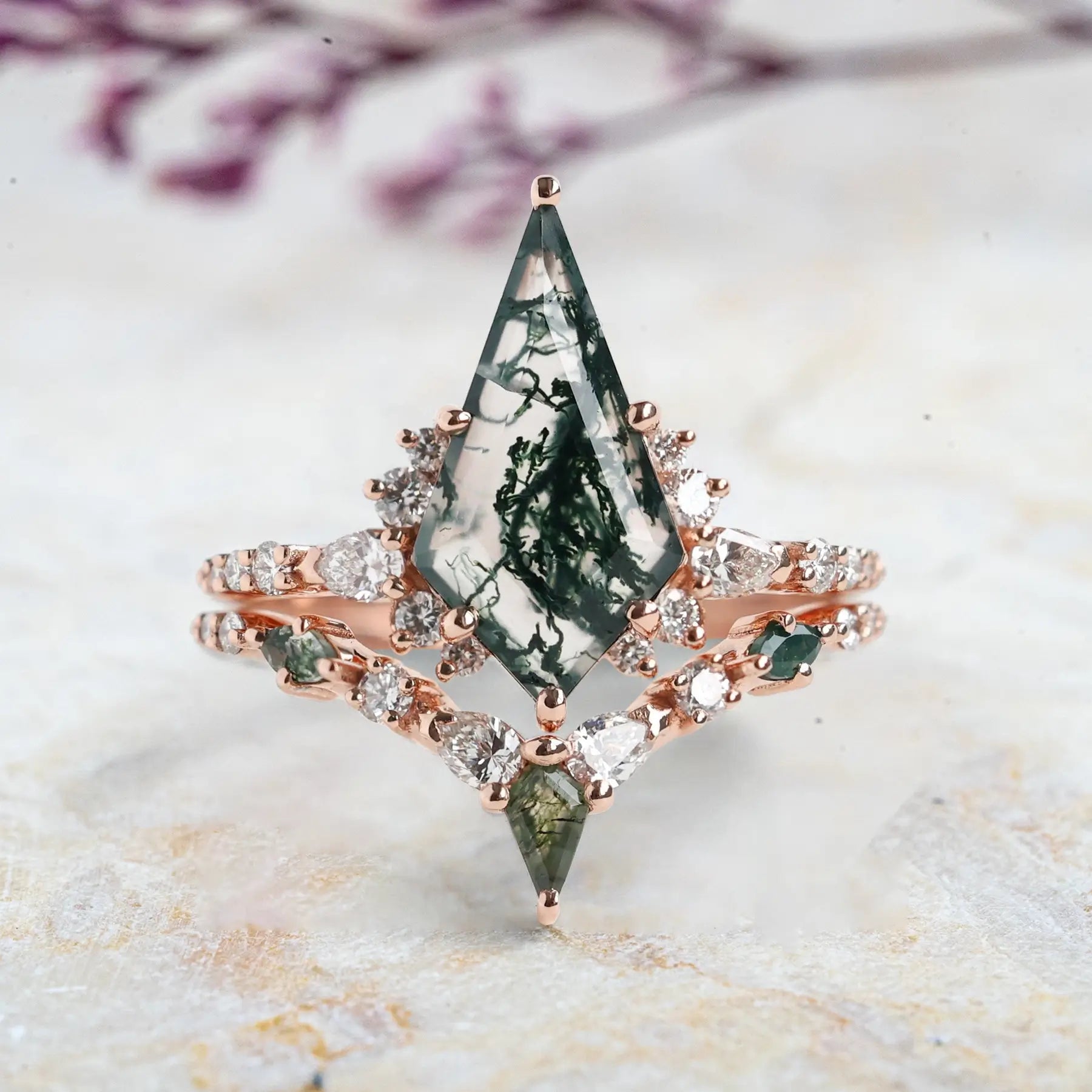 Custom Kite Cut Moss Agate Rings – Unique Geometric Engagement Ring Set Luxury Rings For women anniversary gift