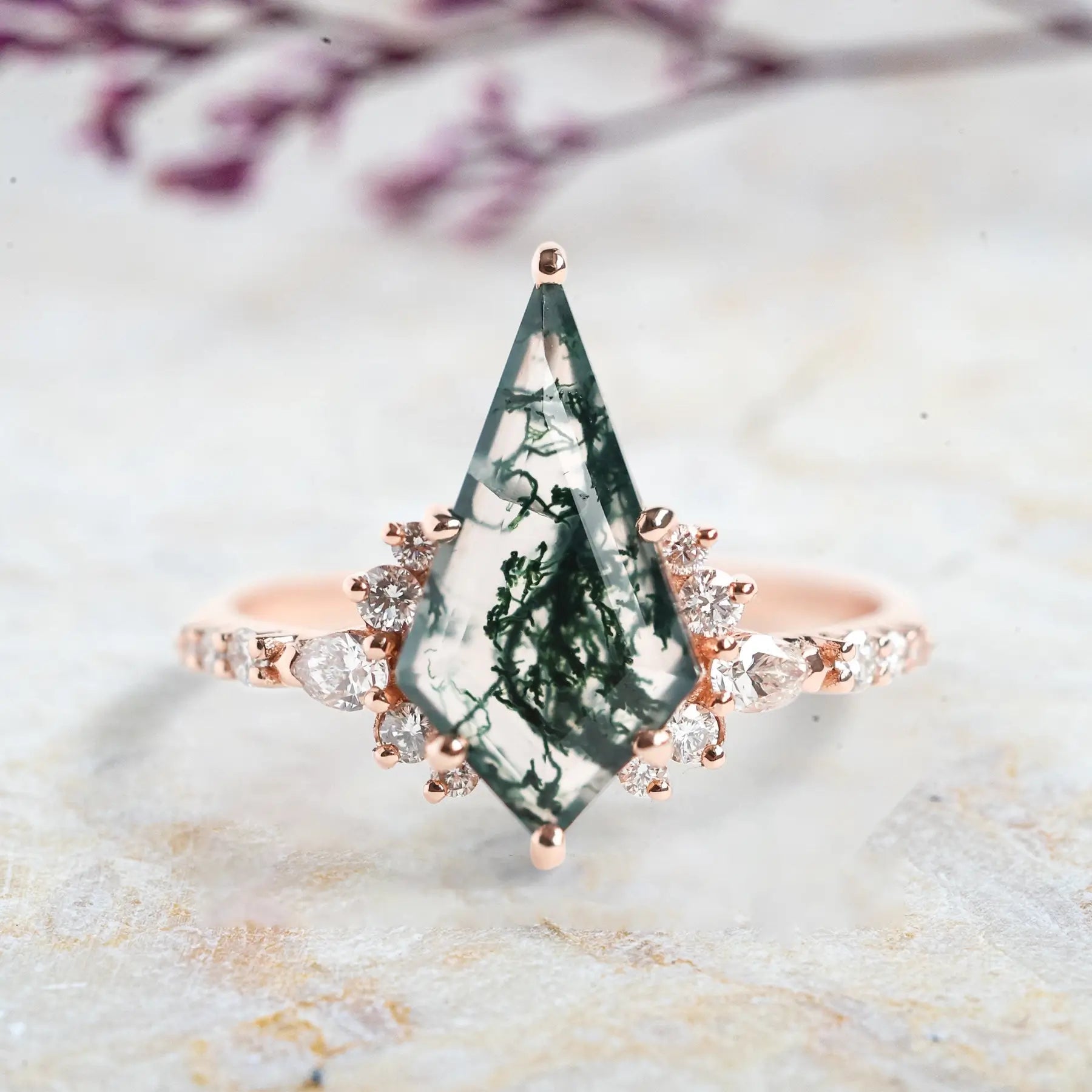 Kite Cut Moss Agate Rings – Unique Geometric Engagement Ring Set
