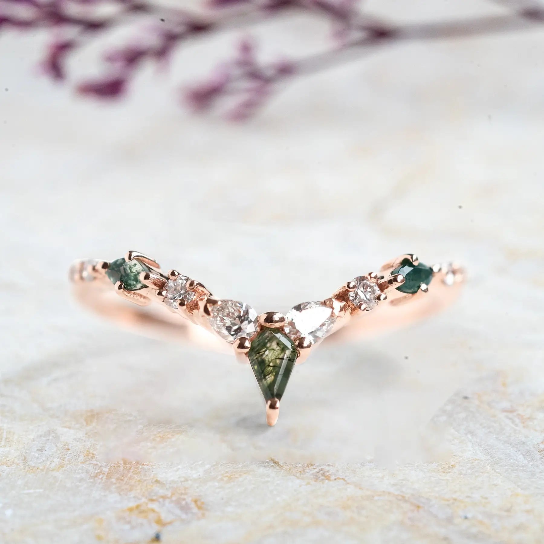 Kite Cut Moss Agate Rings – Unique Geometric Engagement Ring Set