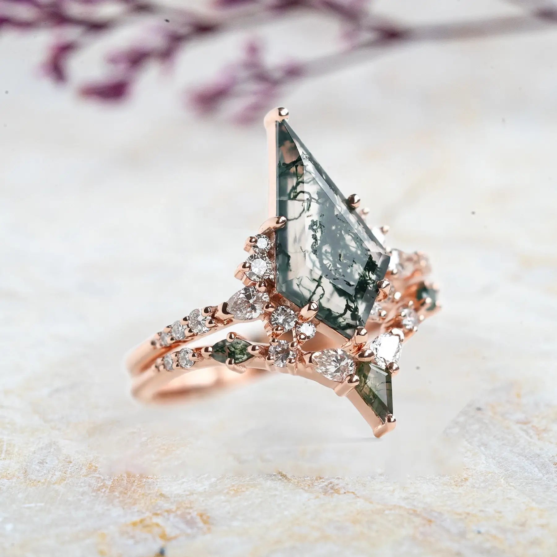 Custom Kite Cut Moss Agate Rings – Unique Geometric Engagement Ring Set Luxury Rings For women anniversary gift