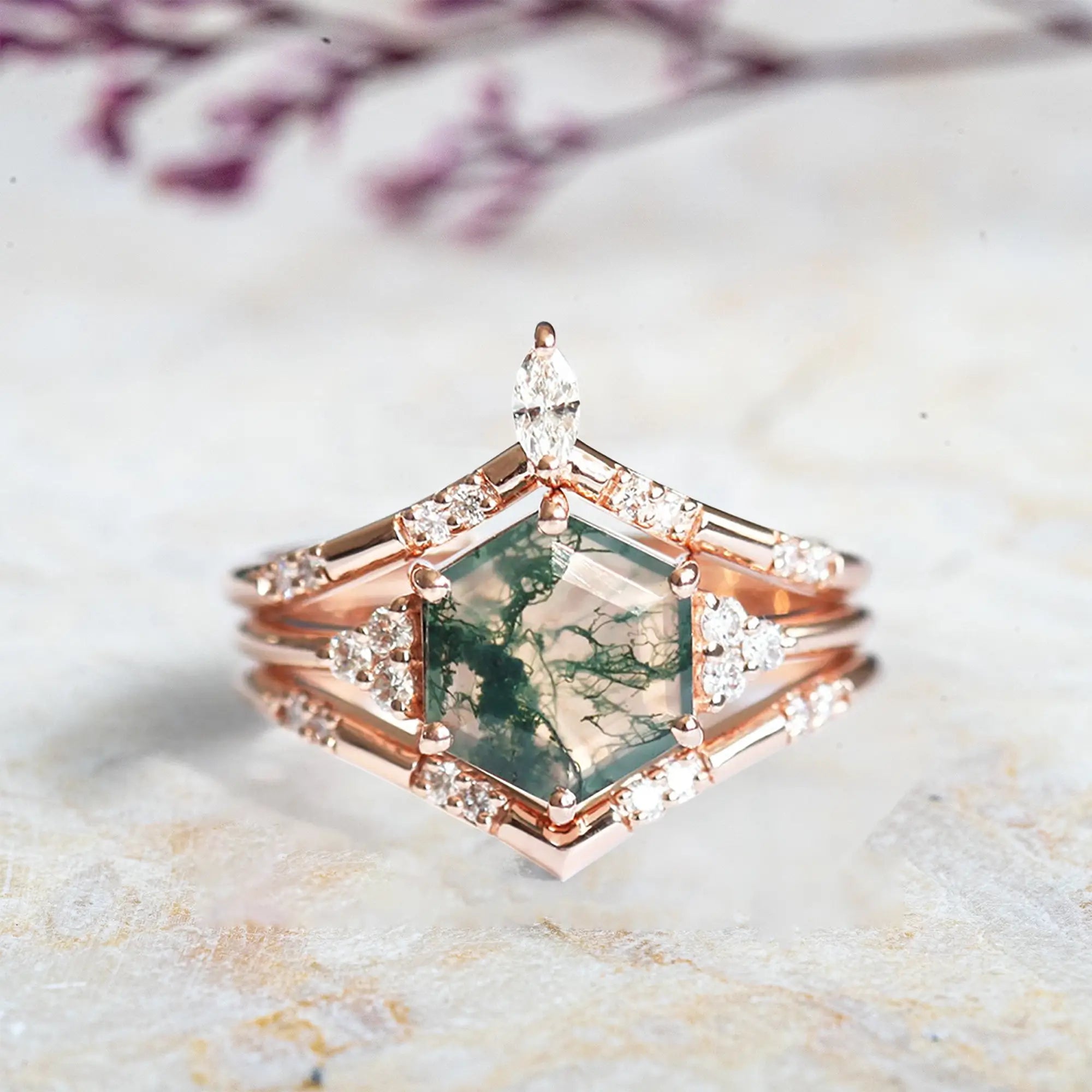 Hexagon Moss Agate Trio Ring Set – Luxurious Cluster Design Promise Gift 18K Rose gold rings