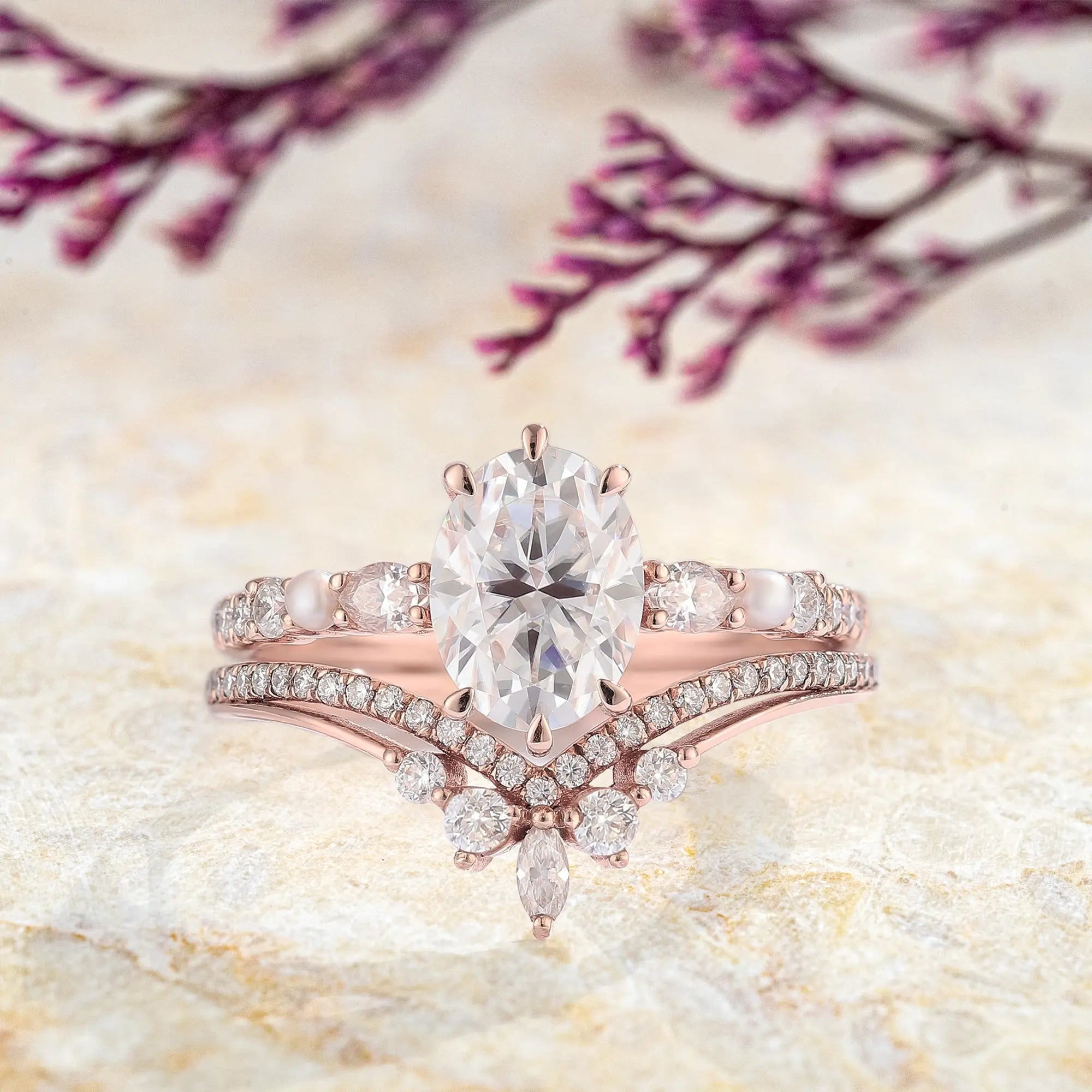 Oval Moissanite Rings Bridal Set Pearl Luxurious Rose Gold Love Ring