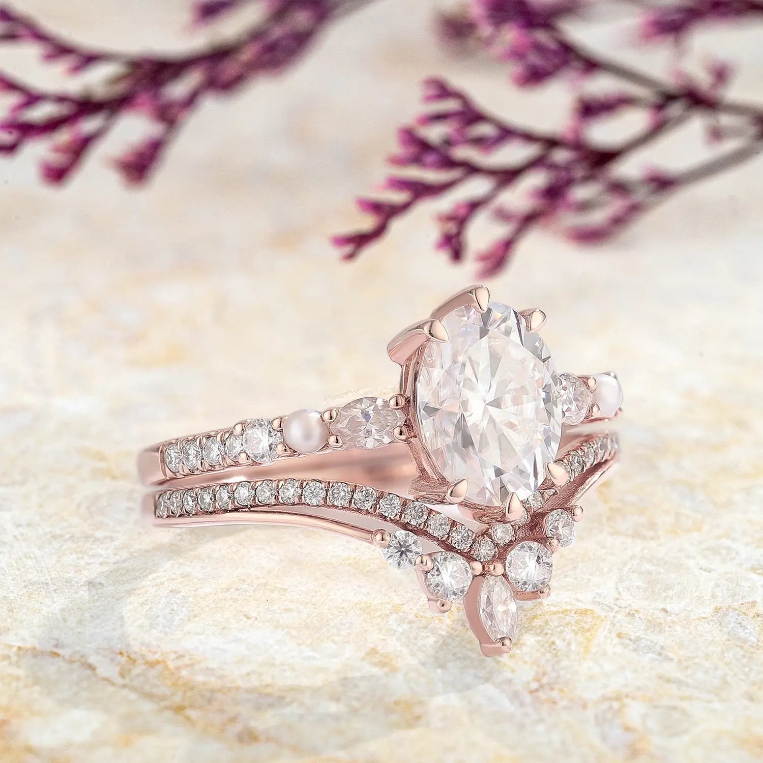 Oval Moissanite Rings Bridal Set – Pearl Luxurious Rose Gold Love Ring for women anniversary gift