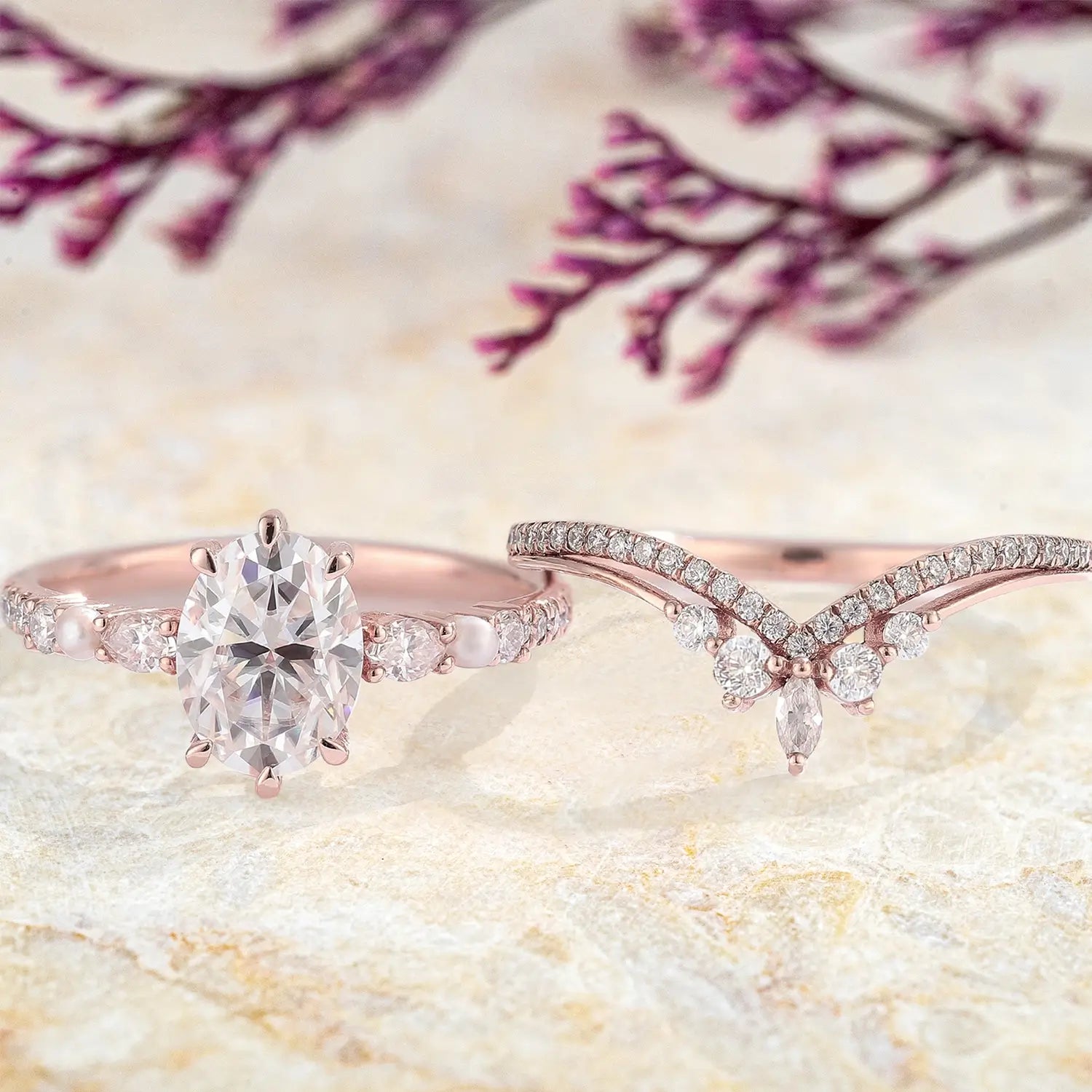 Oval Moissanite Rings Bridal Set – Pearl Luxurious Rose Gold Love Ring for women anniversary gift