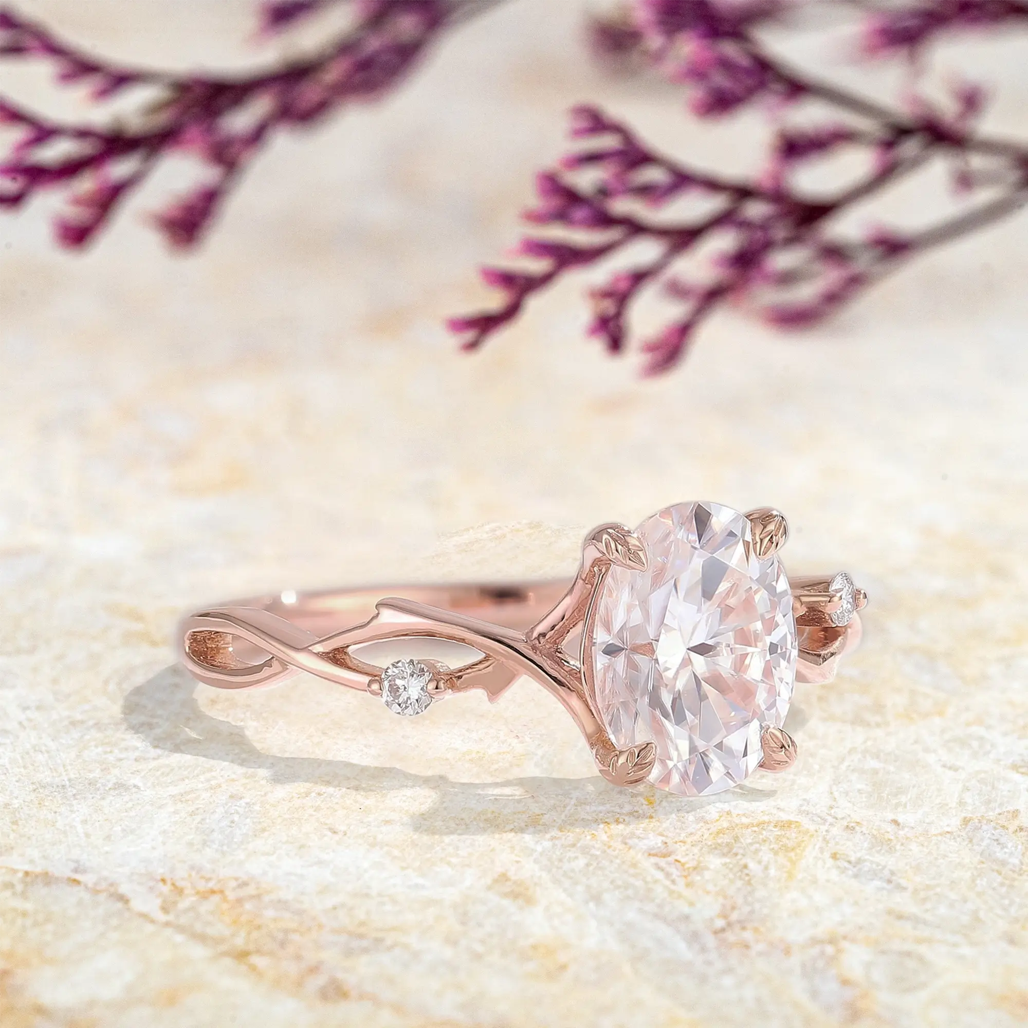 Oval Moissanite Engagement Ring 14K Cross-Branch Promise Rings Handmade custom anniversary ring for women gift